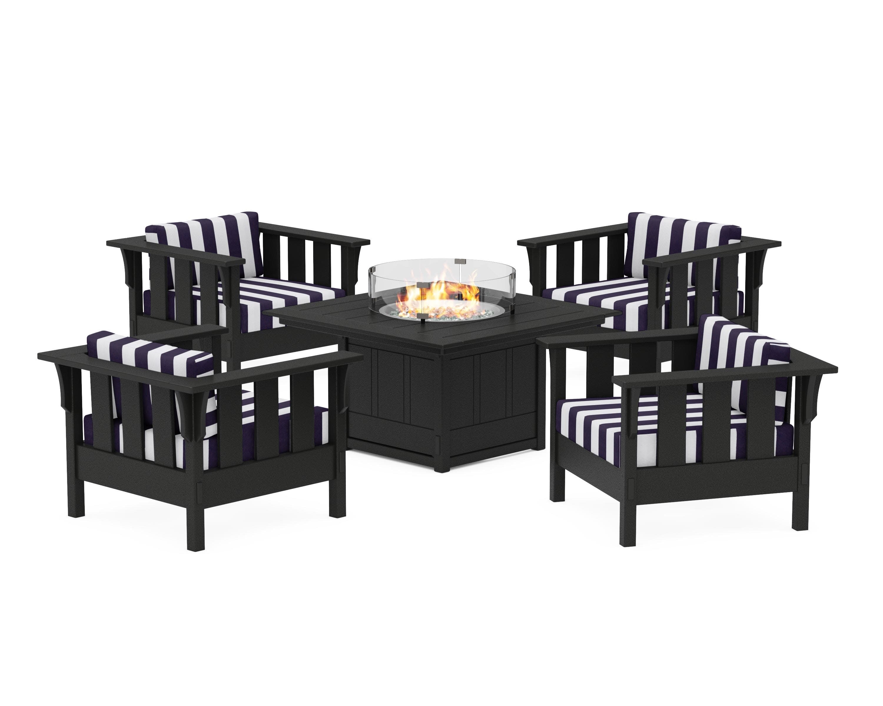Acadia 5-Piece Deep Seating Set with Fire Pit Table in Black / Cabana Stripe Navy
