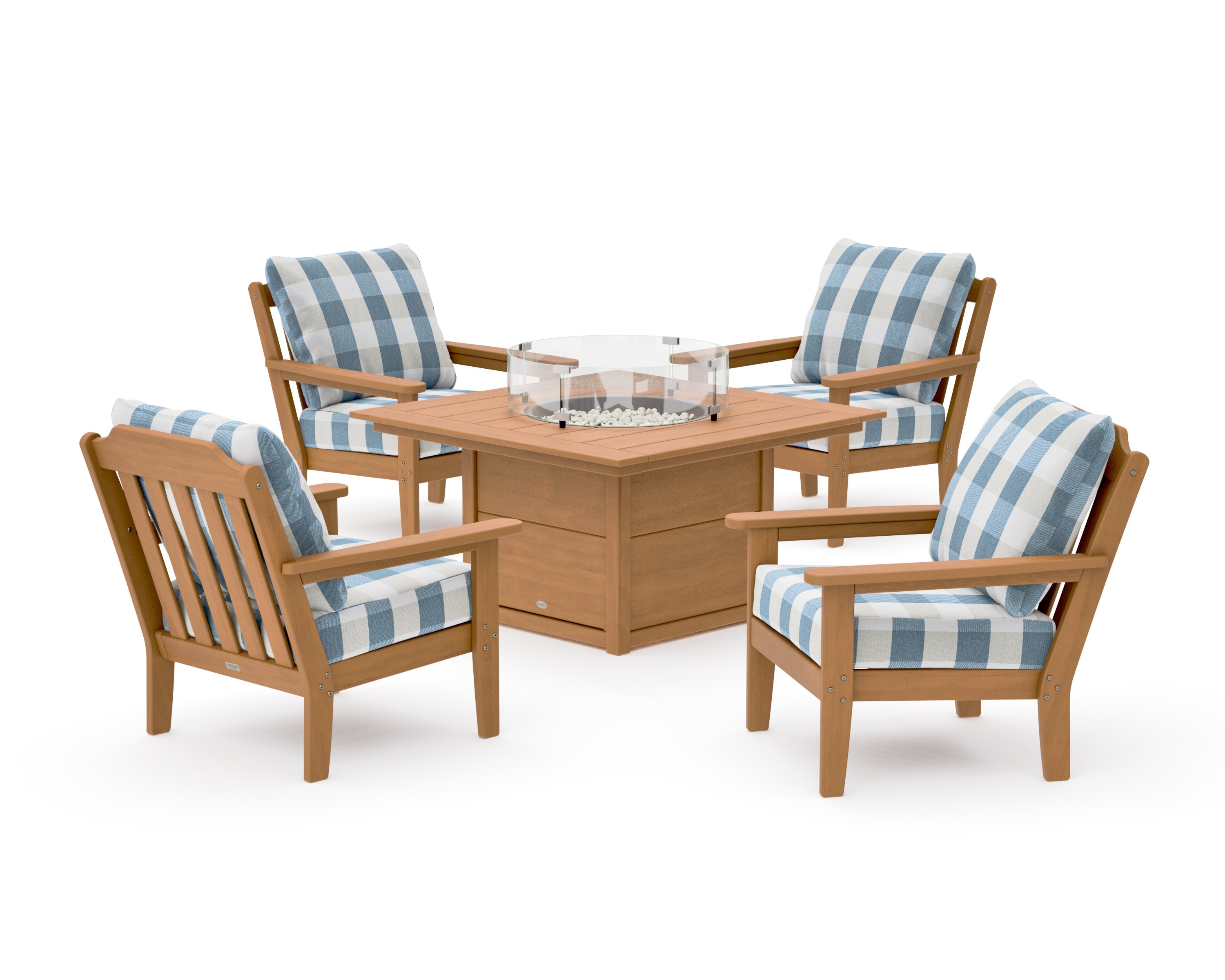 Cottage 5-Piece Deep Seating Set with Fire Pit Table in Natural / Buffalo Plaid Sky Blue