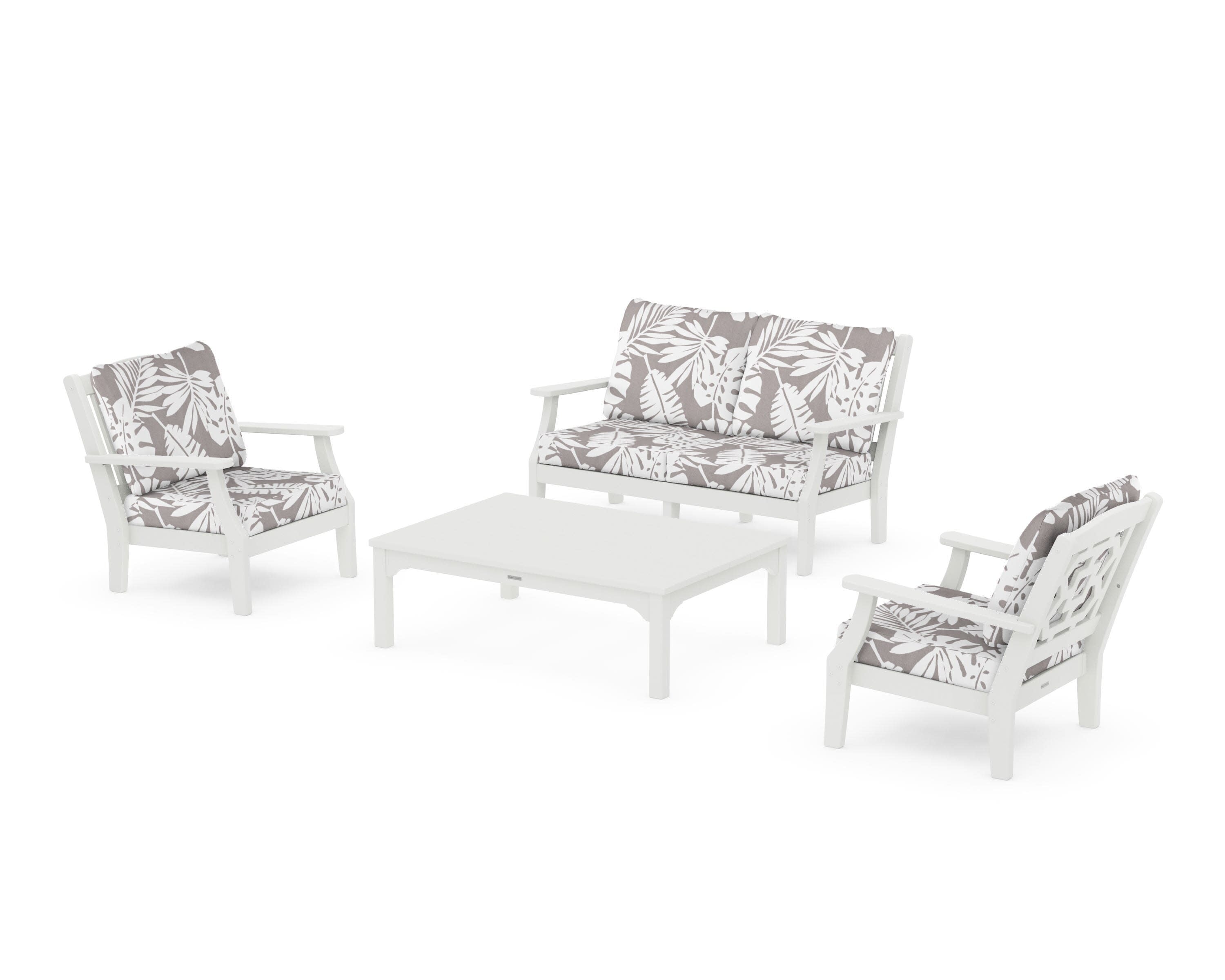 Chinoiserie 4-Piece Deep Seating Set with Loveseat in Vintage White / Leaf Grey Mist