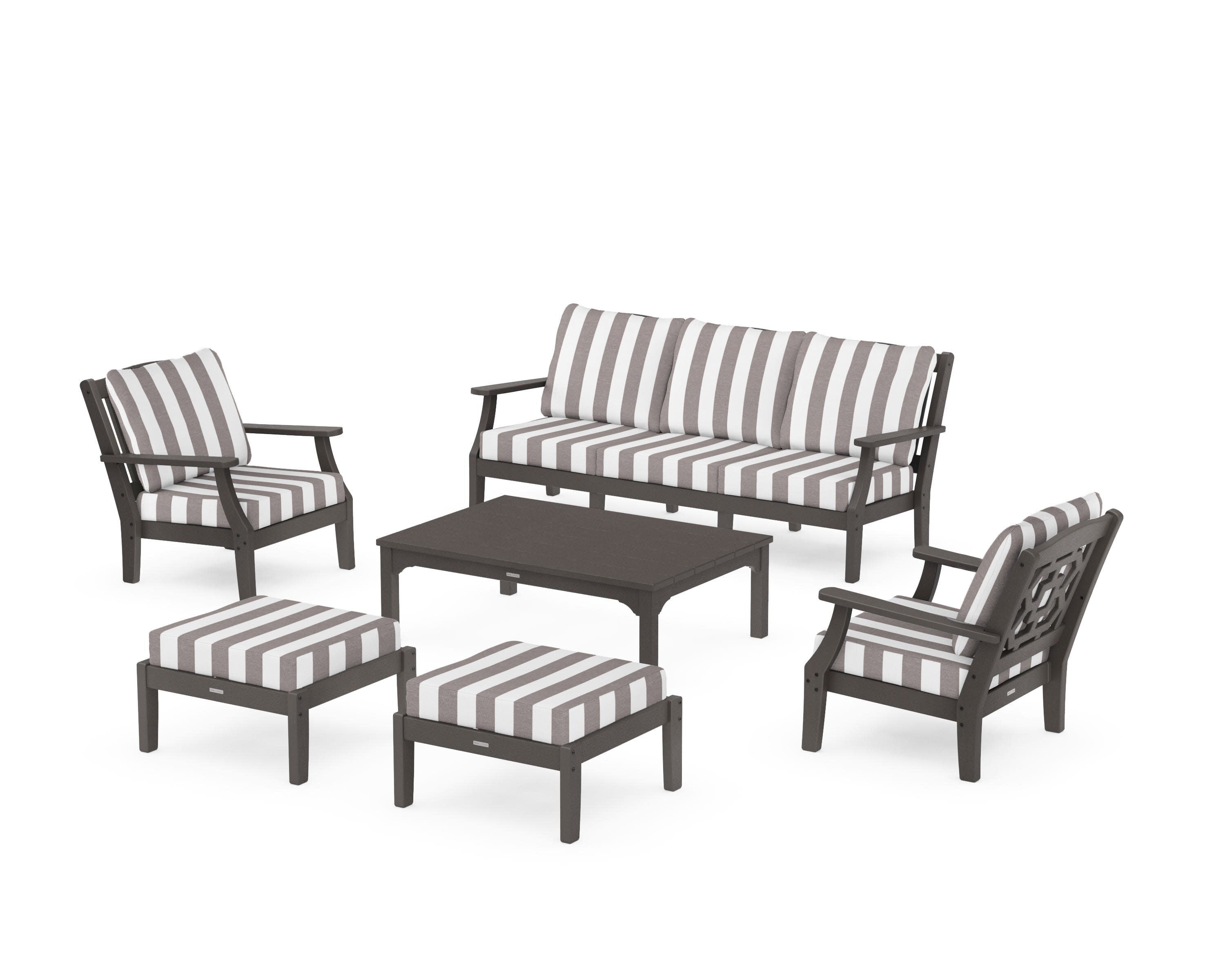 Chinoiserie 6-Piece Lounge Sofa Set in Vintage Coffee / Cabana Stripe Grey Mist
