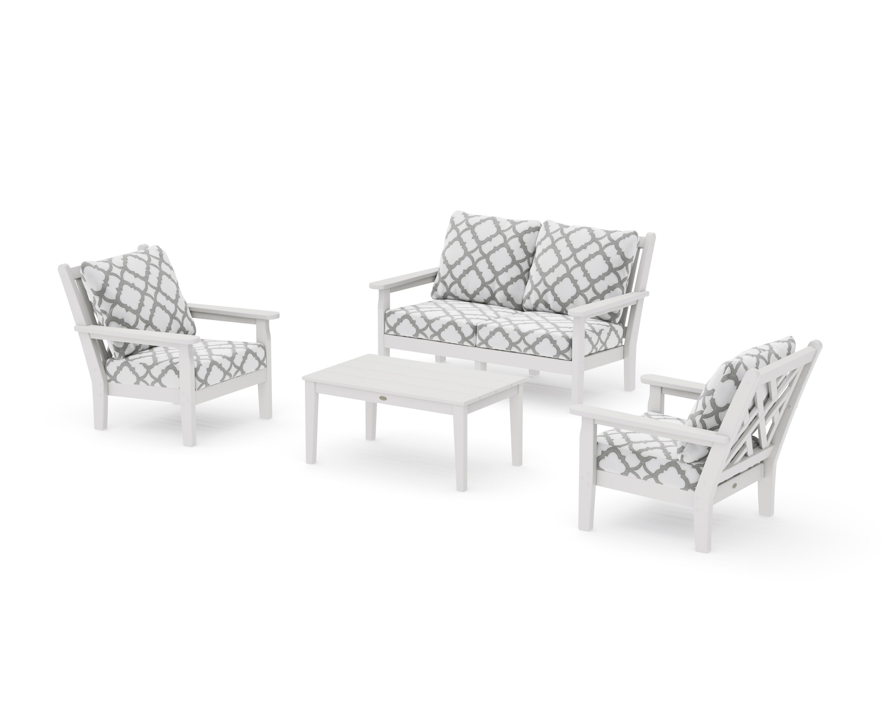 Chippendale 4-Piece Deep Seating Set with Loveseat in Vintage White / Trellis Grey Mist