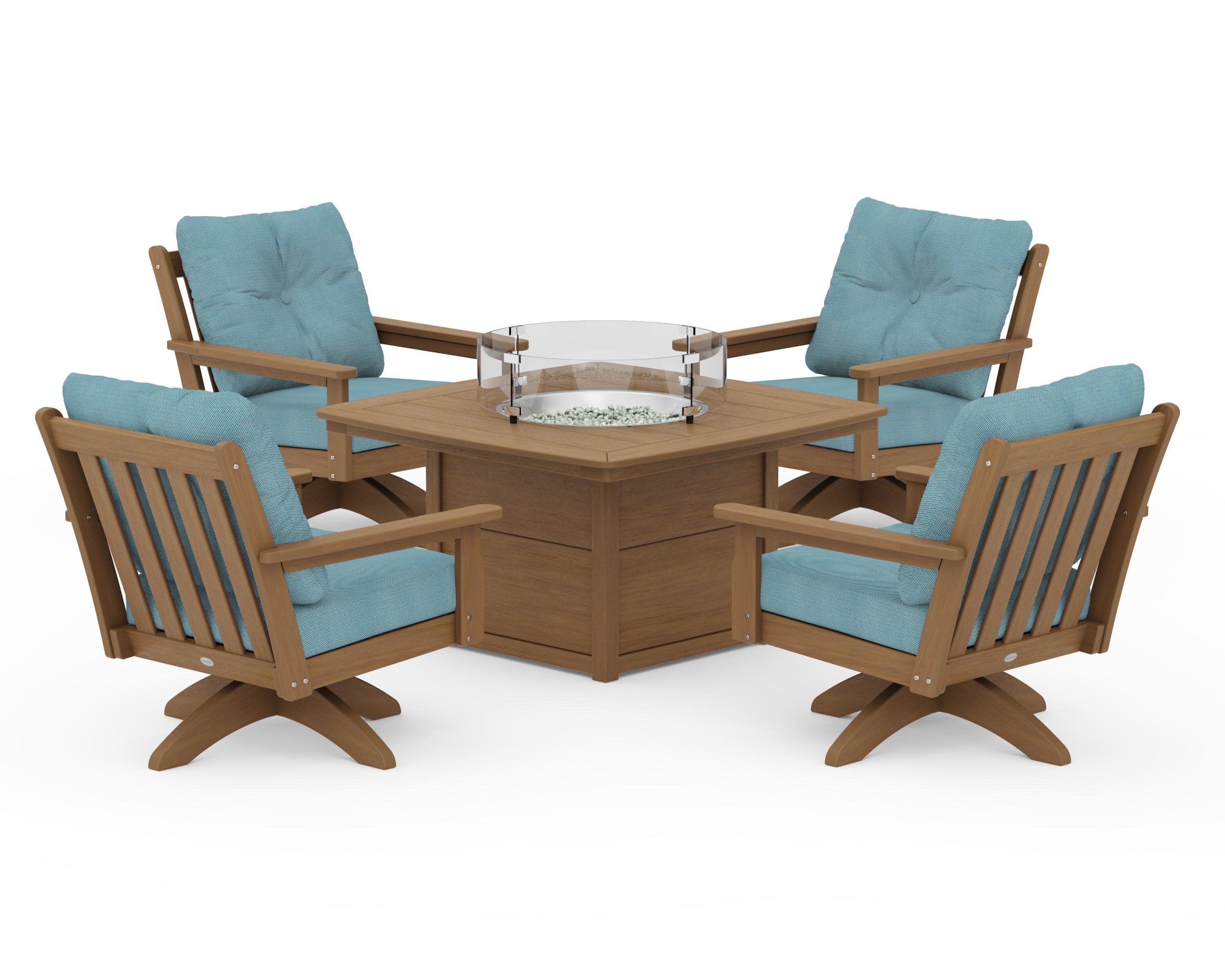 Vineyard 5-Piece Deep Seating Swivel Conversation Set with Fire Pit Table in Natural / Lattice Sky Blue