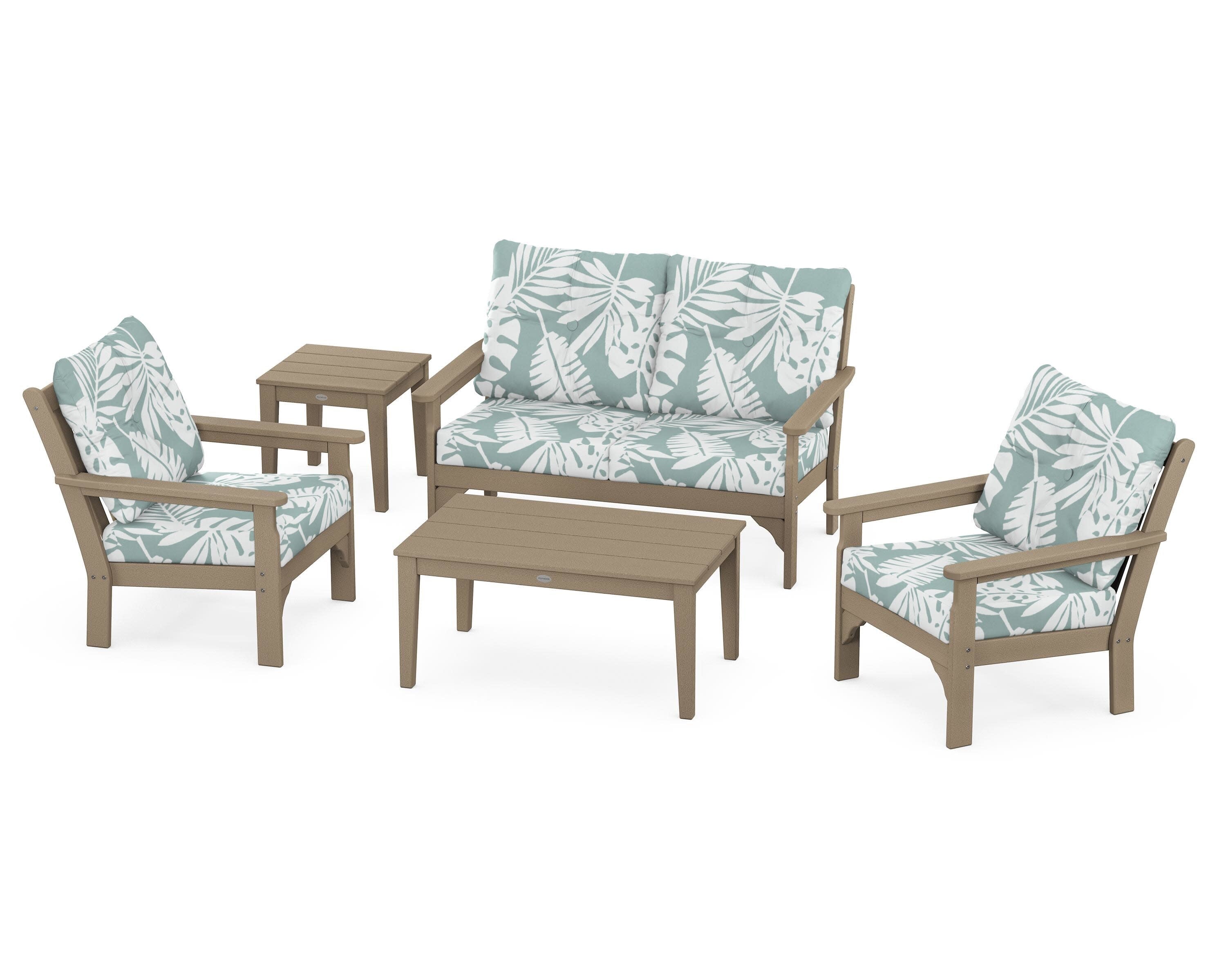 Vineyard 5-Piece Deep Seating Set in Vintage Sahara / Leaf Glacier Spa