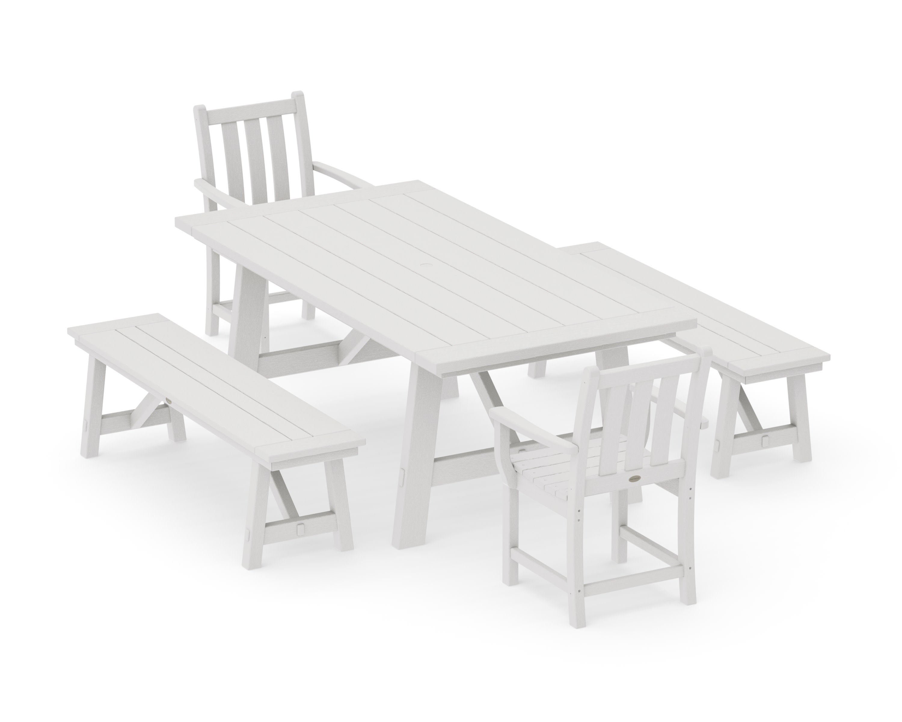 Traditional Garden 5-Piece Rustic Farmhouse Dining Set With Benches in Vintage White
