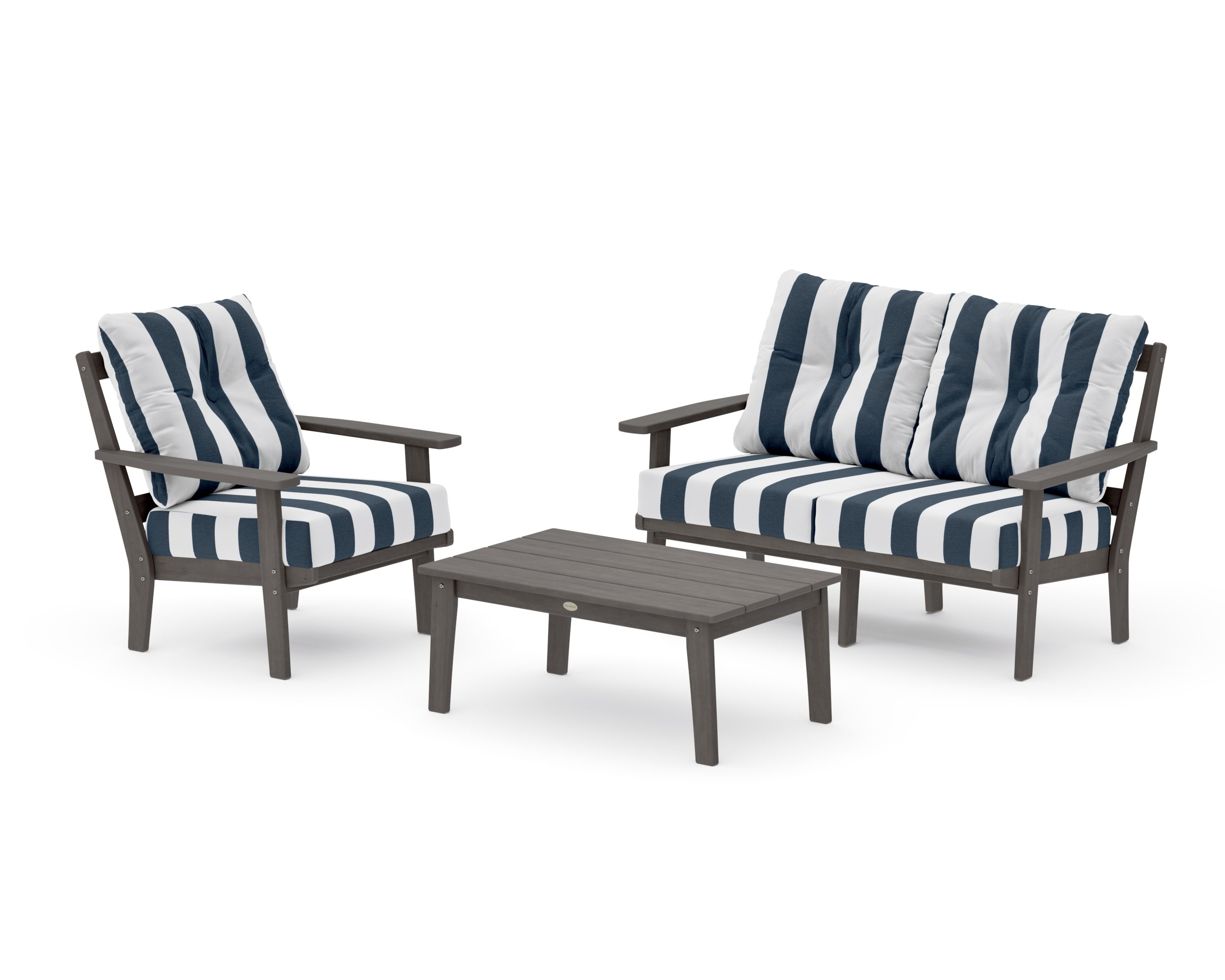 Oxford 3-Piece Deep Seating Set with Loveseat in Driftwood / Cabana Stripe Marine Indigo