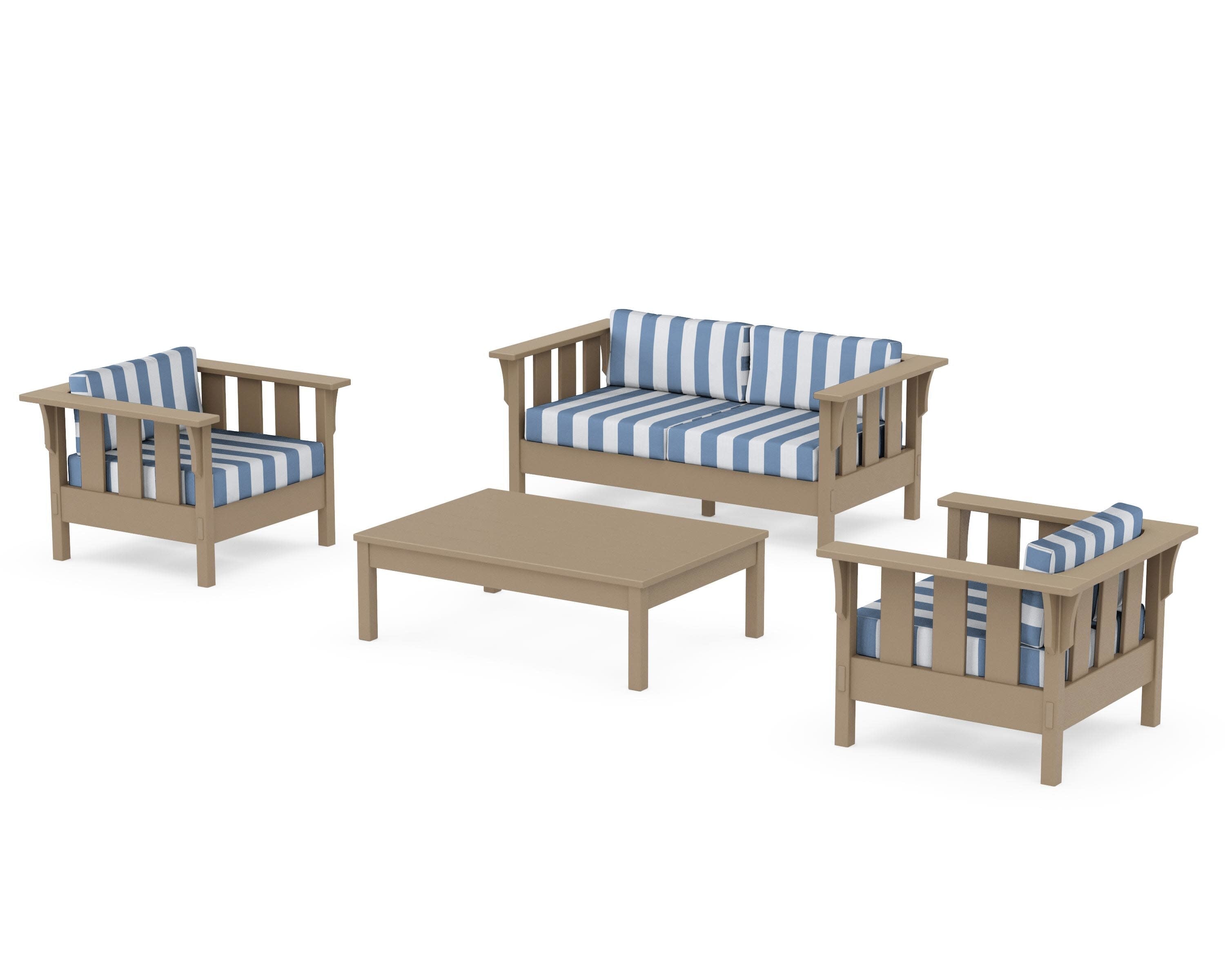 Acadia 4-Piece Deep Seating Set with Loveseat in Vintage Sahara / Cabana Stripe Sky Blue