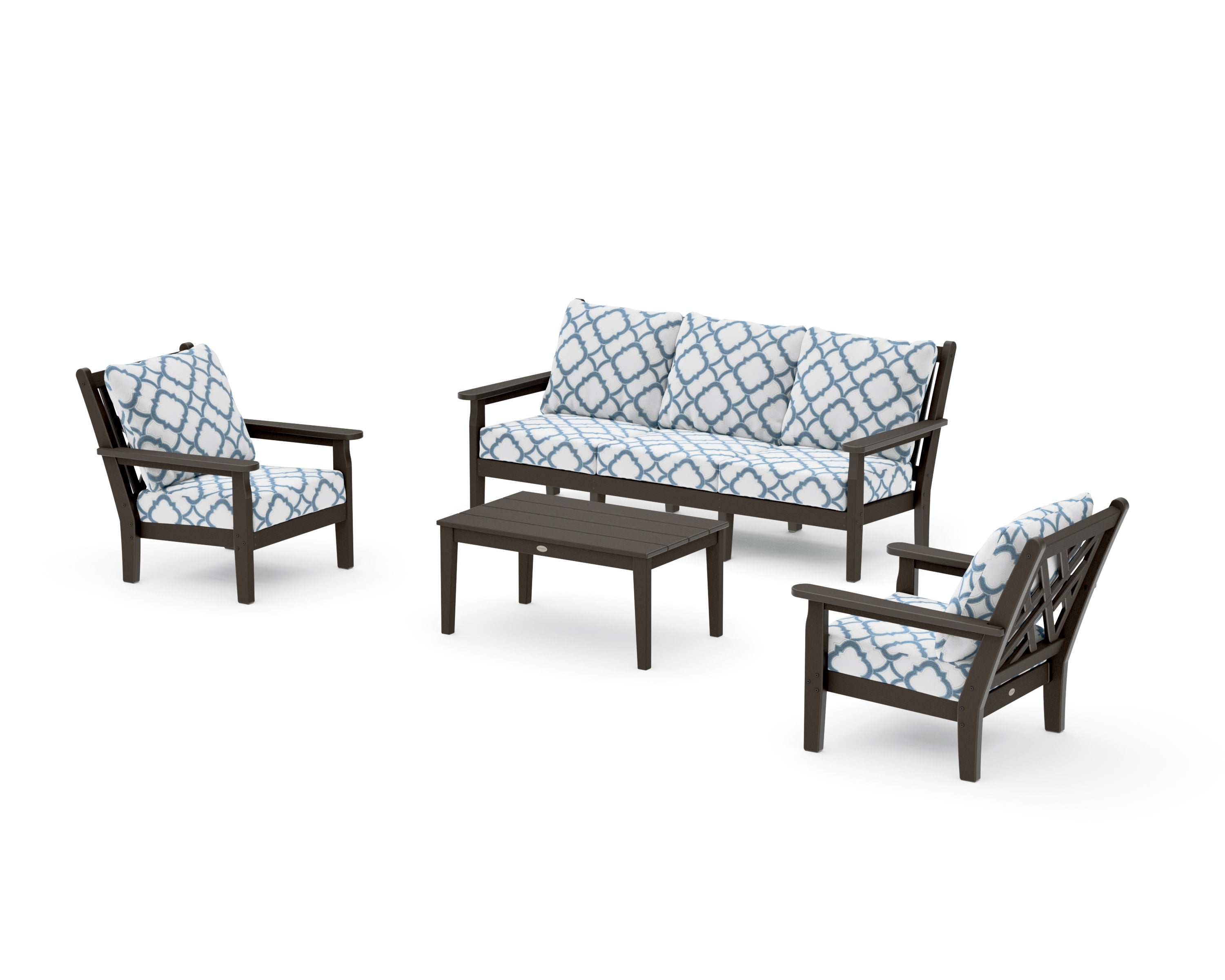 Chippendale 4-Piece Deep Seating Set with Sofa in Vintage Coffee / Trellis Sky Blue