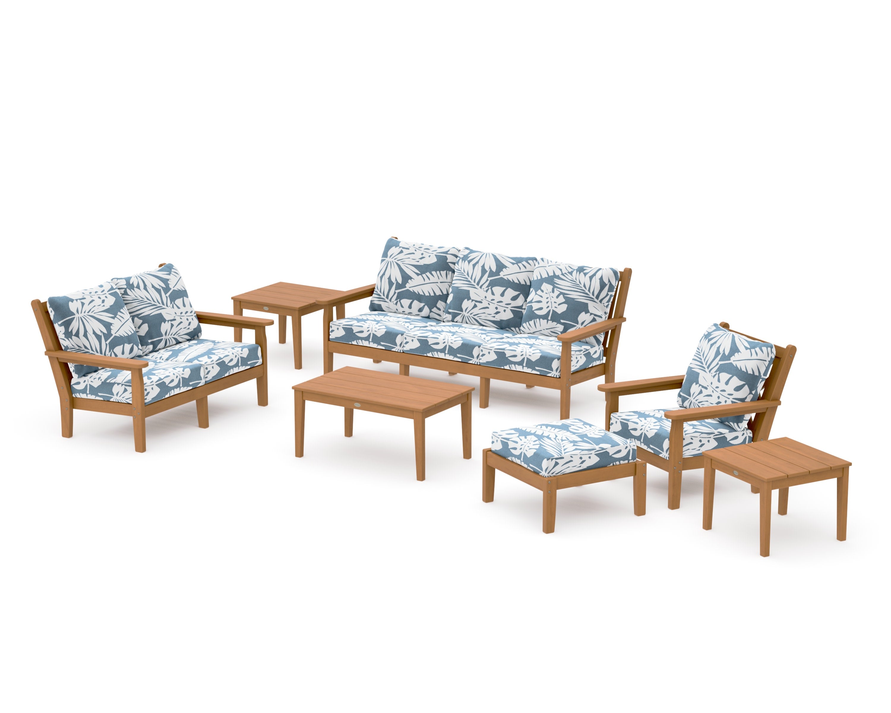 Chippendale 7-Piece Deep Seating Set in Natural / Leaf Sky Blue