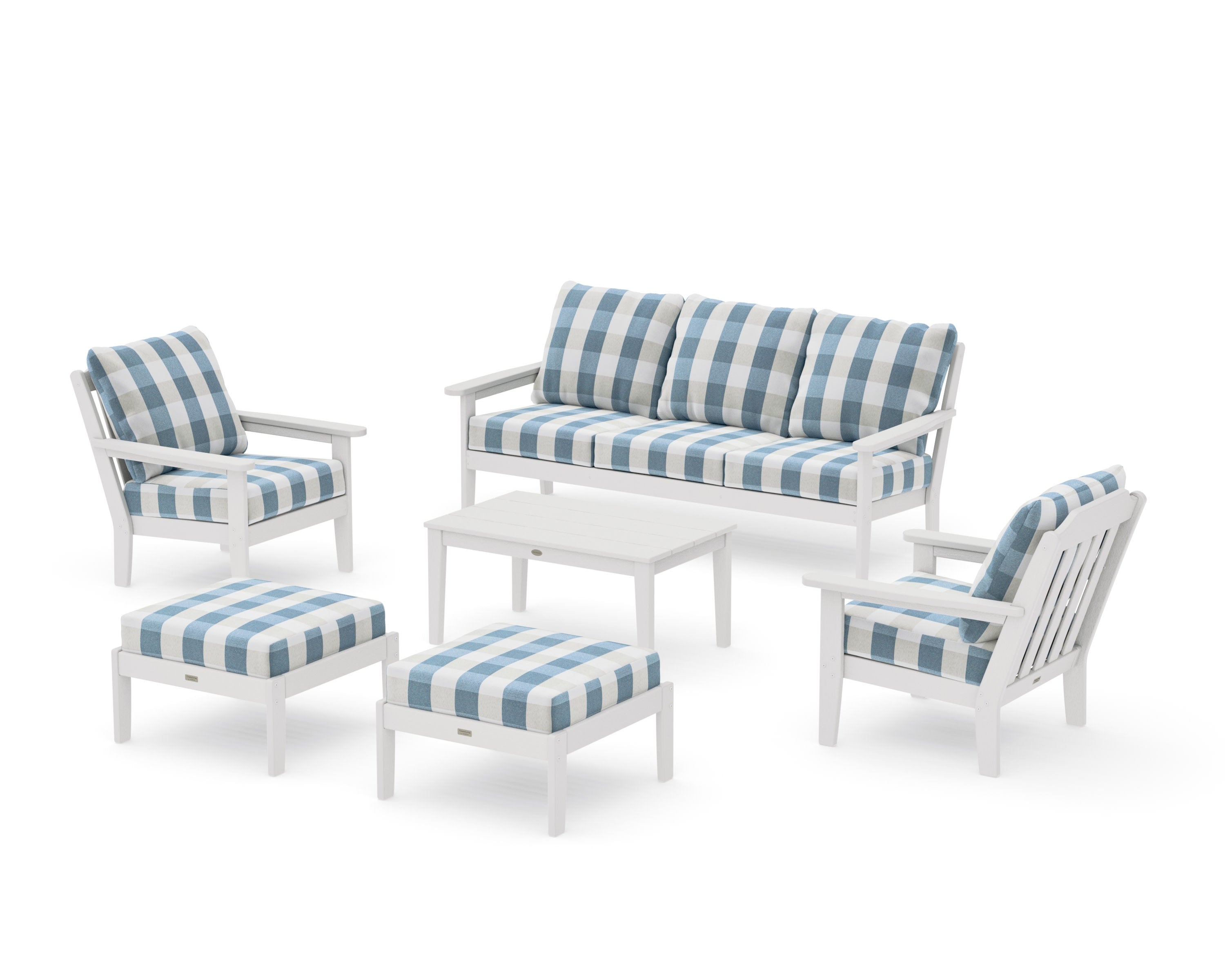 Cottage 6-Piece Lounge Sofa Set in Vintage White / Buffalo Plaid Sky Blue