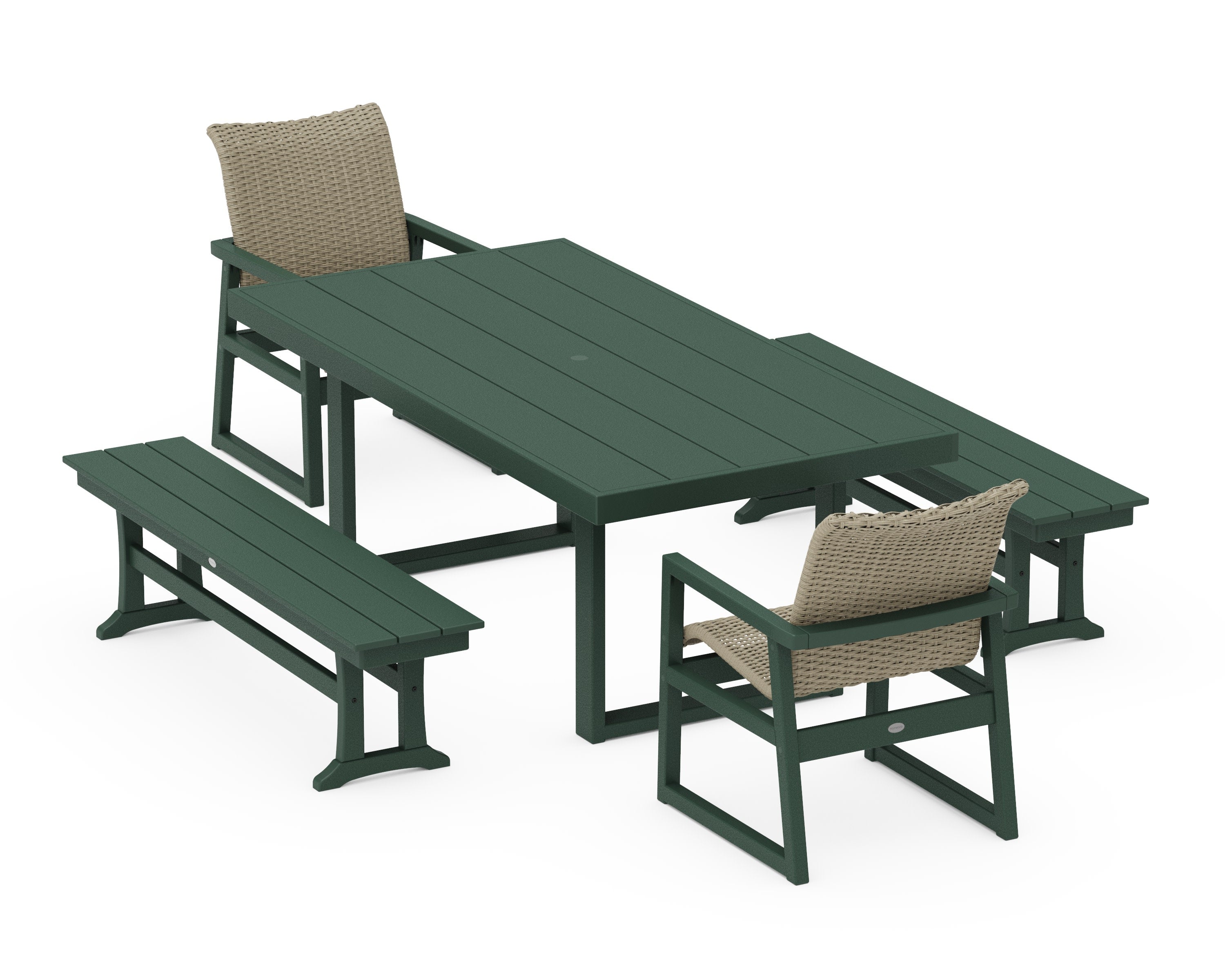 EDGE Woven 5-Piece Dining Set with Benches in Green / Dune Grass