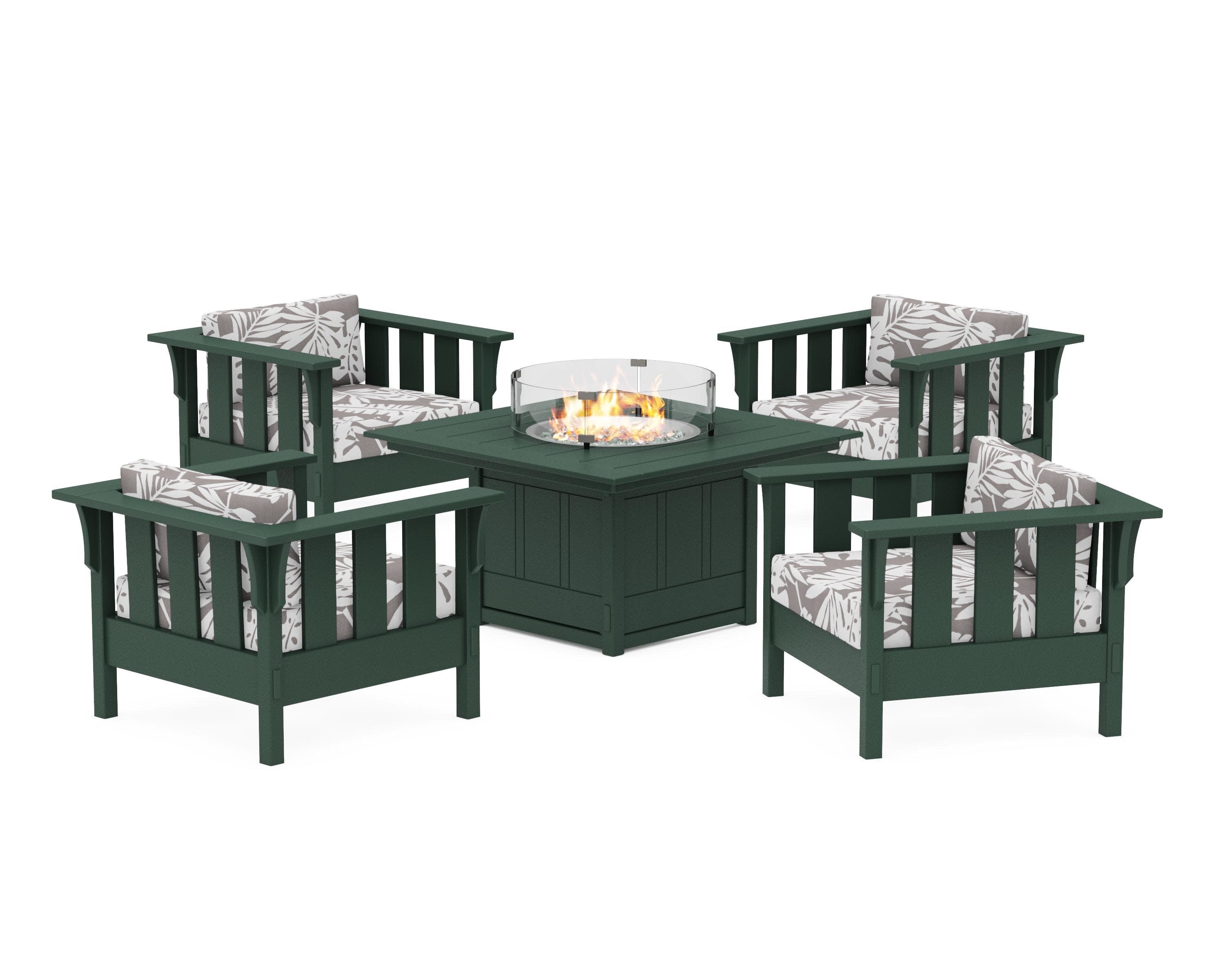 Acadia 5-Piece Deep Seating Set with Fire Pit Table in Green / Leaf Grey Mist