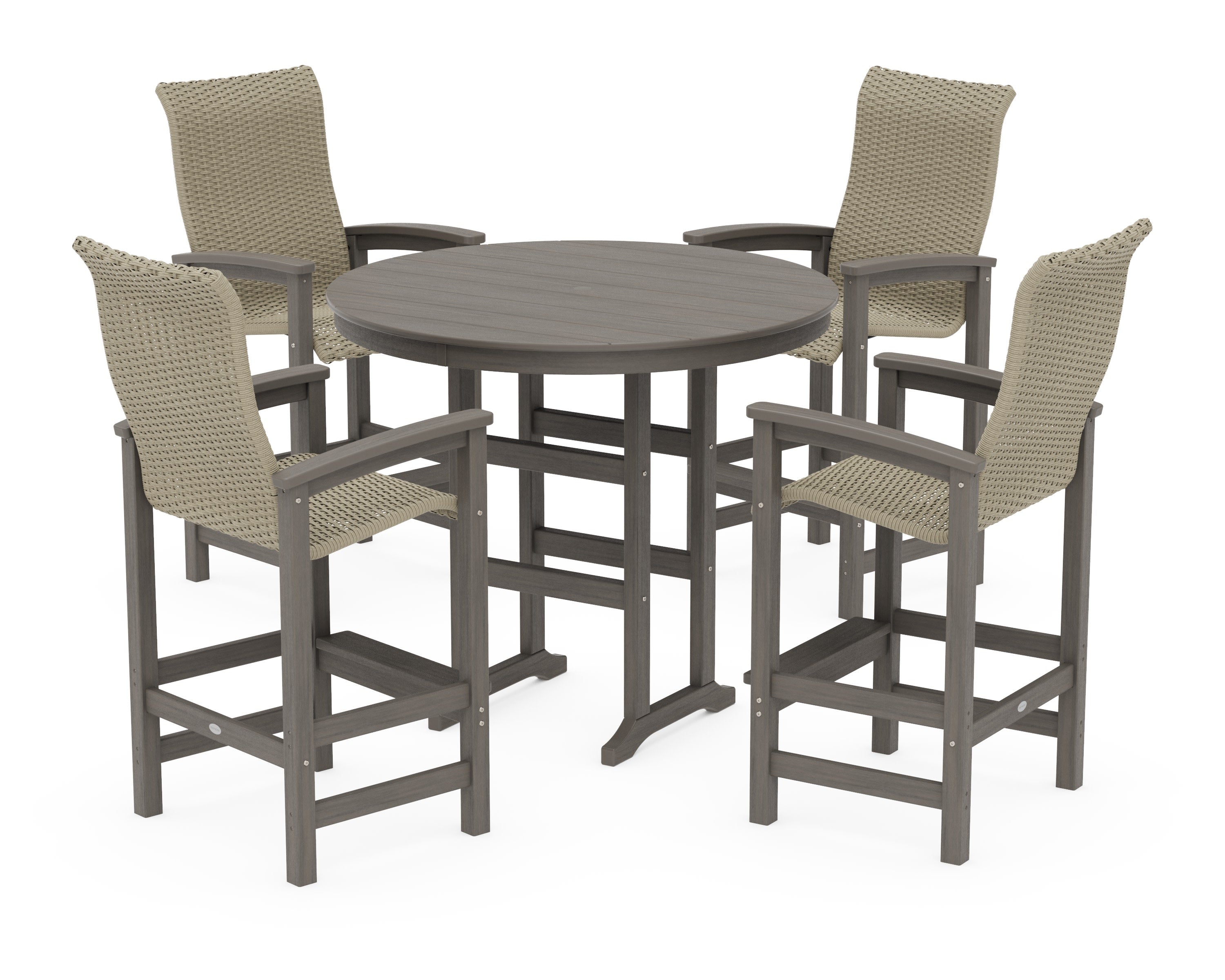 Coastal Woven High-Back 5-Piece Round Farmhouse Bar Set in Driftwood / Dune Grass