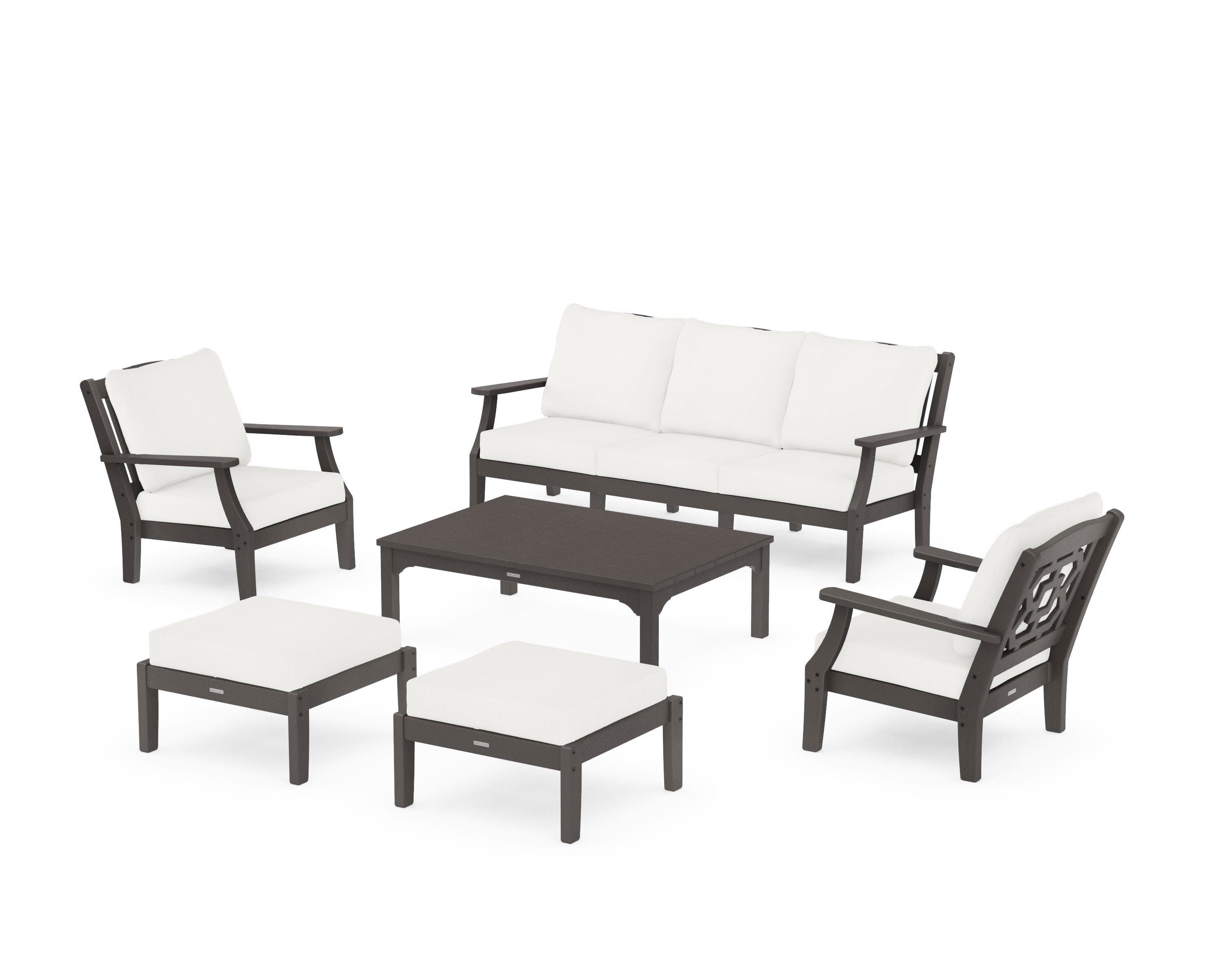 Chinoiserie 6-Piece Lounge Sofa Set in Vintage Coffee / Natural Linen