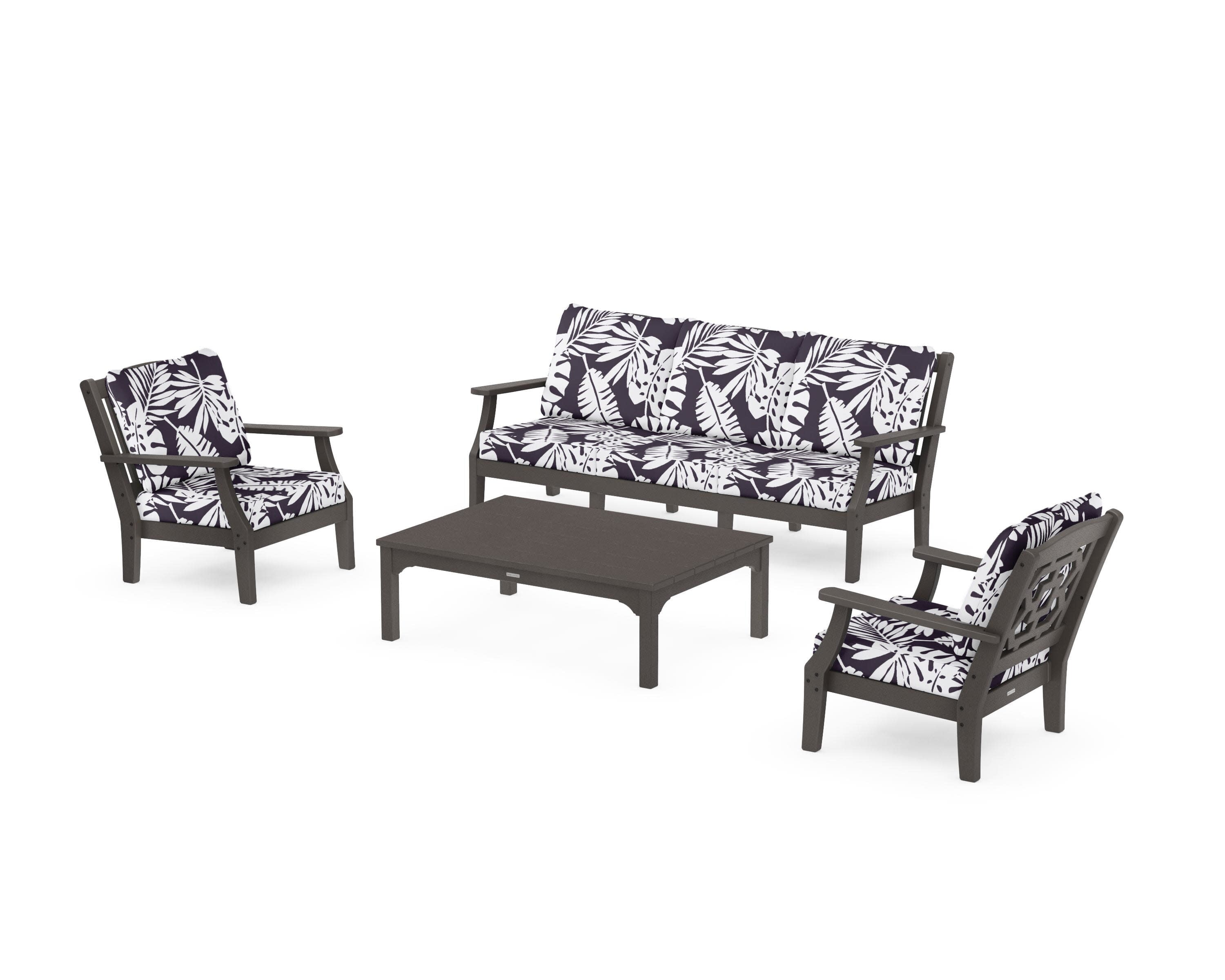 Chinoiserie 4-Piece Deep Seating Set with Sofa in Vintage Coffee / Leaf Navy