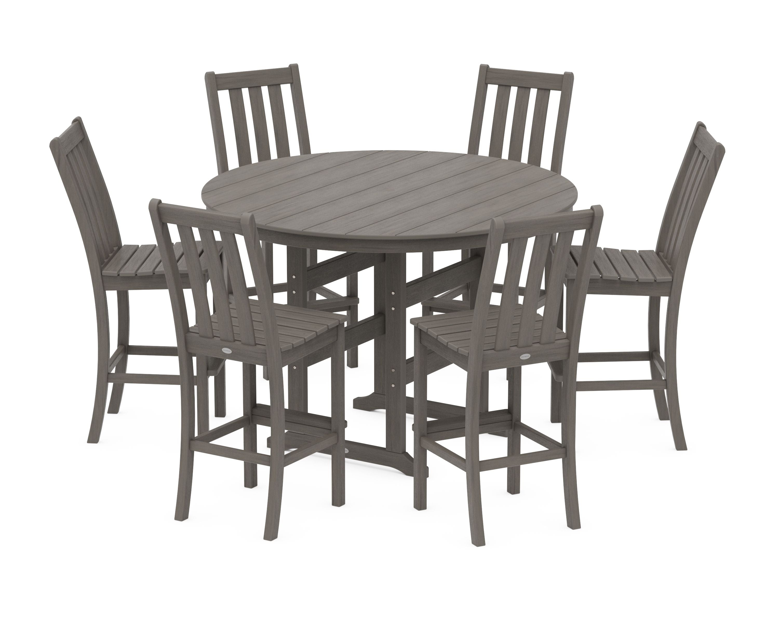 Vineyard 7-Piece Side Chair Round Farmhouse Bar Set in Driftwood