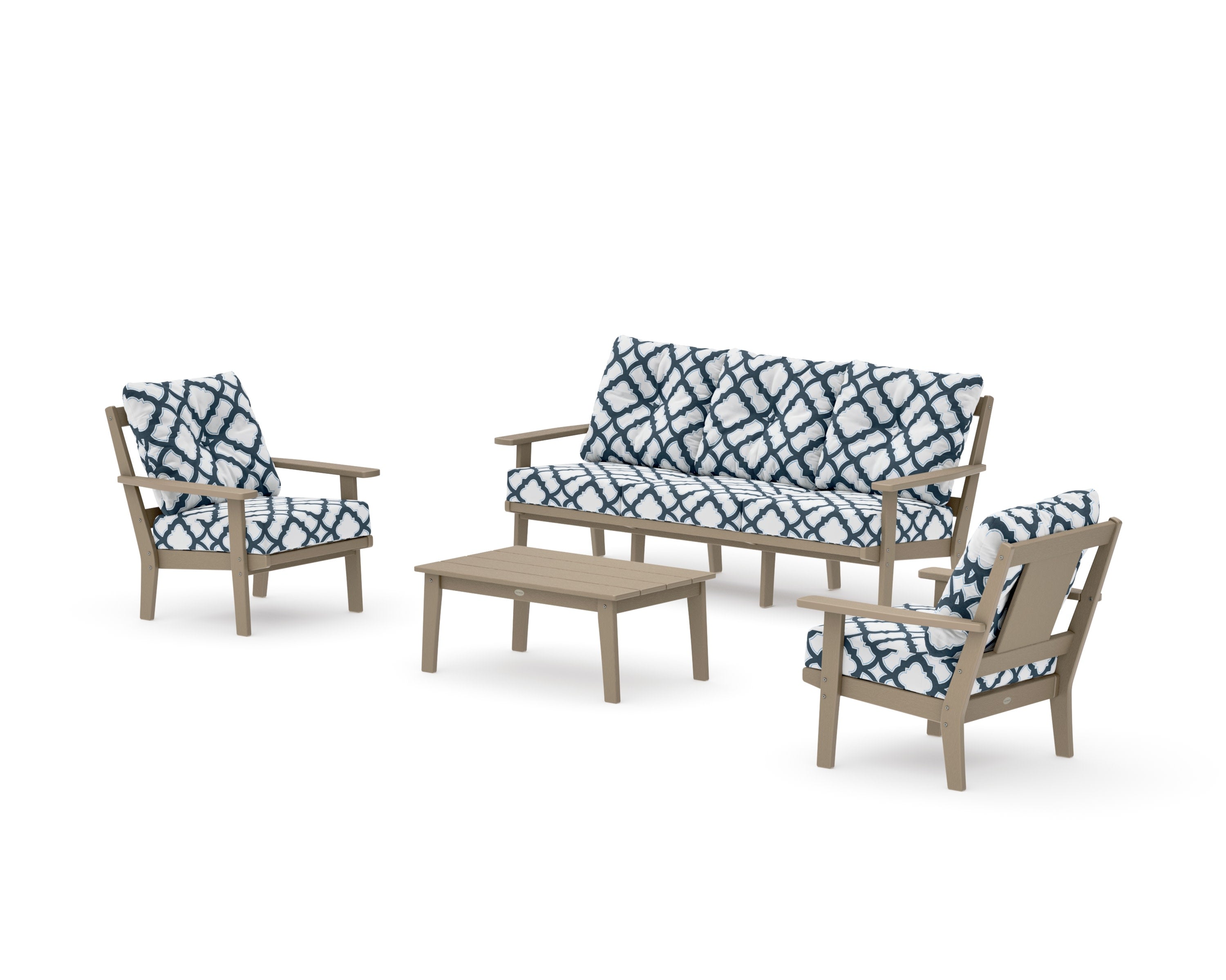 Prairie 4-Piece Deep Seating Set with Sofa in Vintage Sahara / Trellis Marine Indigo