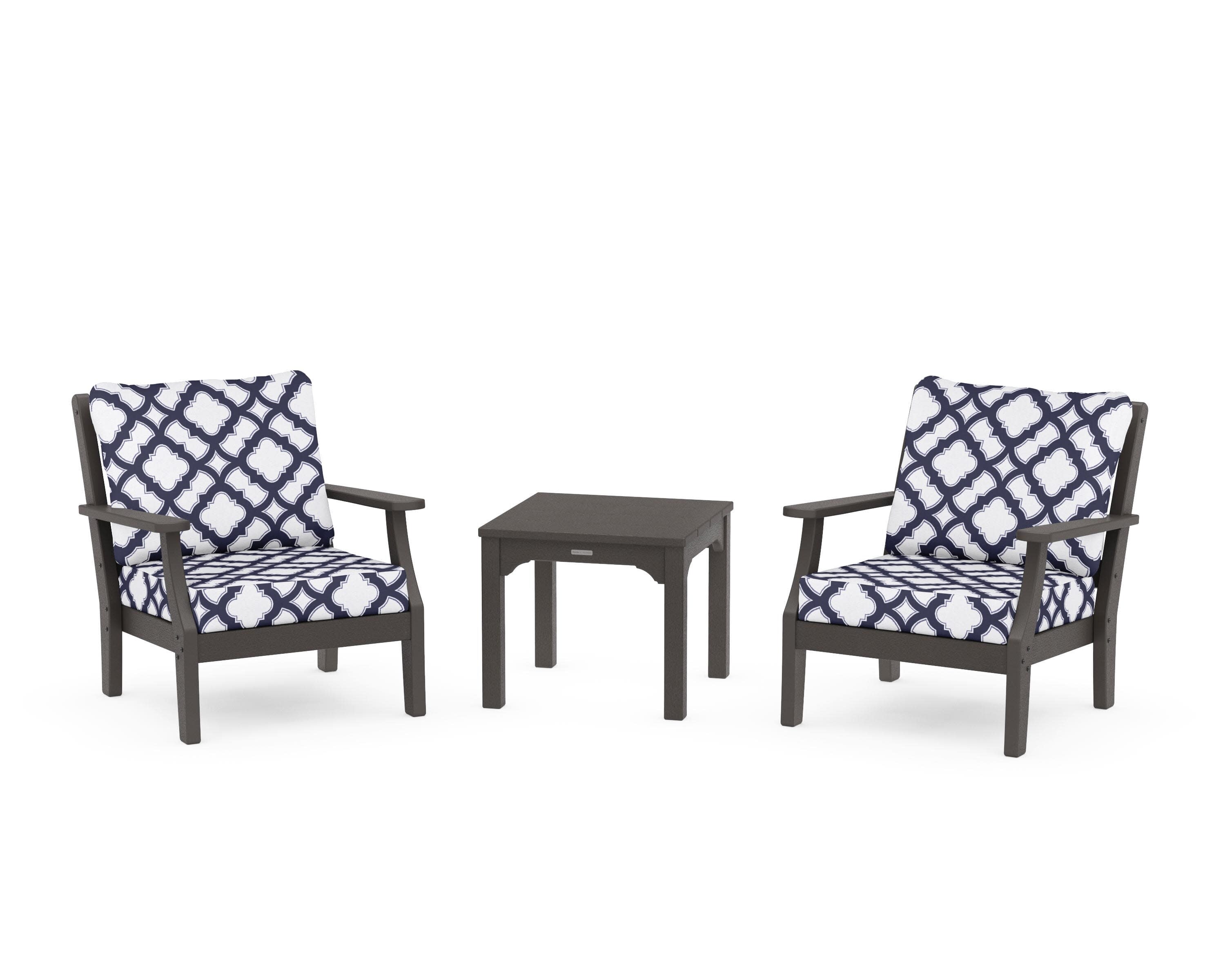 Chinoiserie 3-Piece Deep Seating Set in Vintage Coffee / Trellis Navy