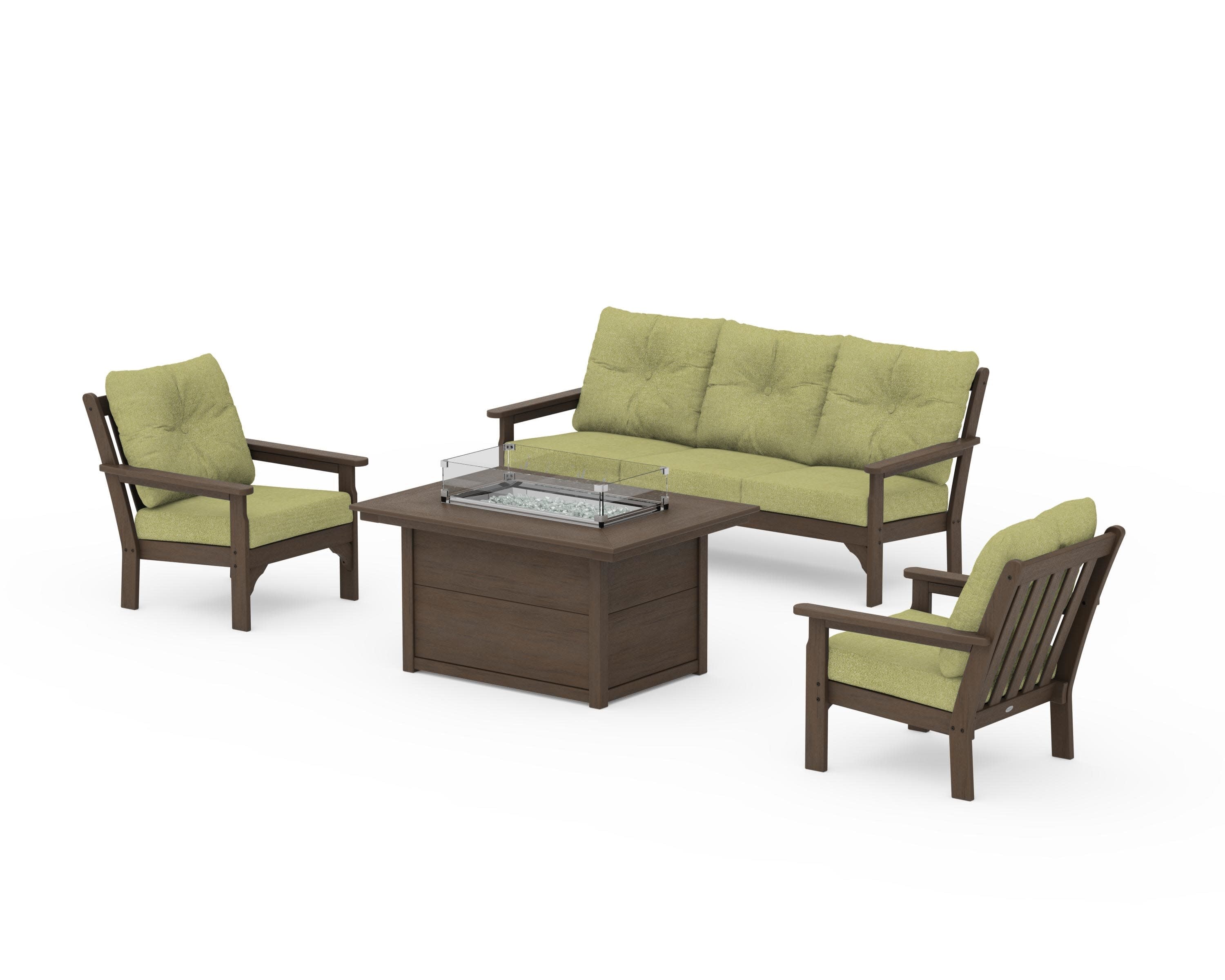 Vineyard Deep Seating Fire Pit Table Set in Kona / Chartreuse Boucle