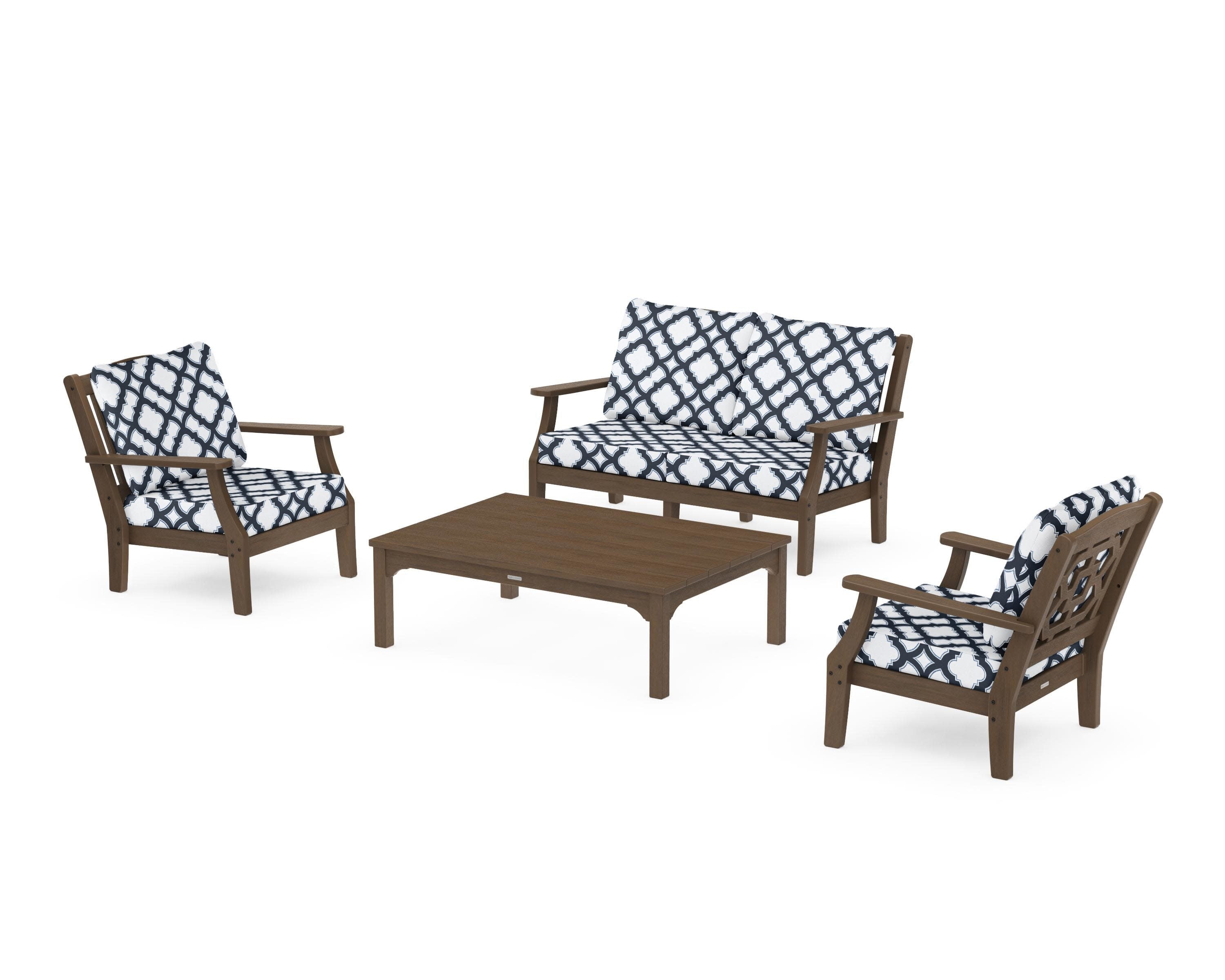 Chinoiserie 4-Piece Deep Seating Set with Loveseat in Kona / Trellis Marine Indigo