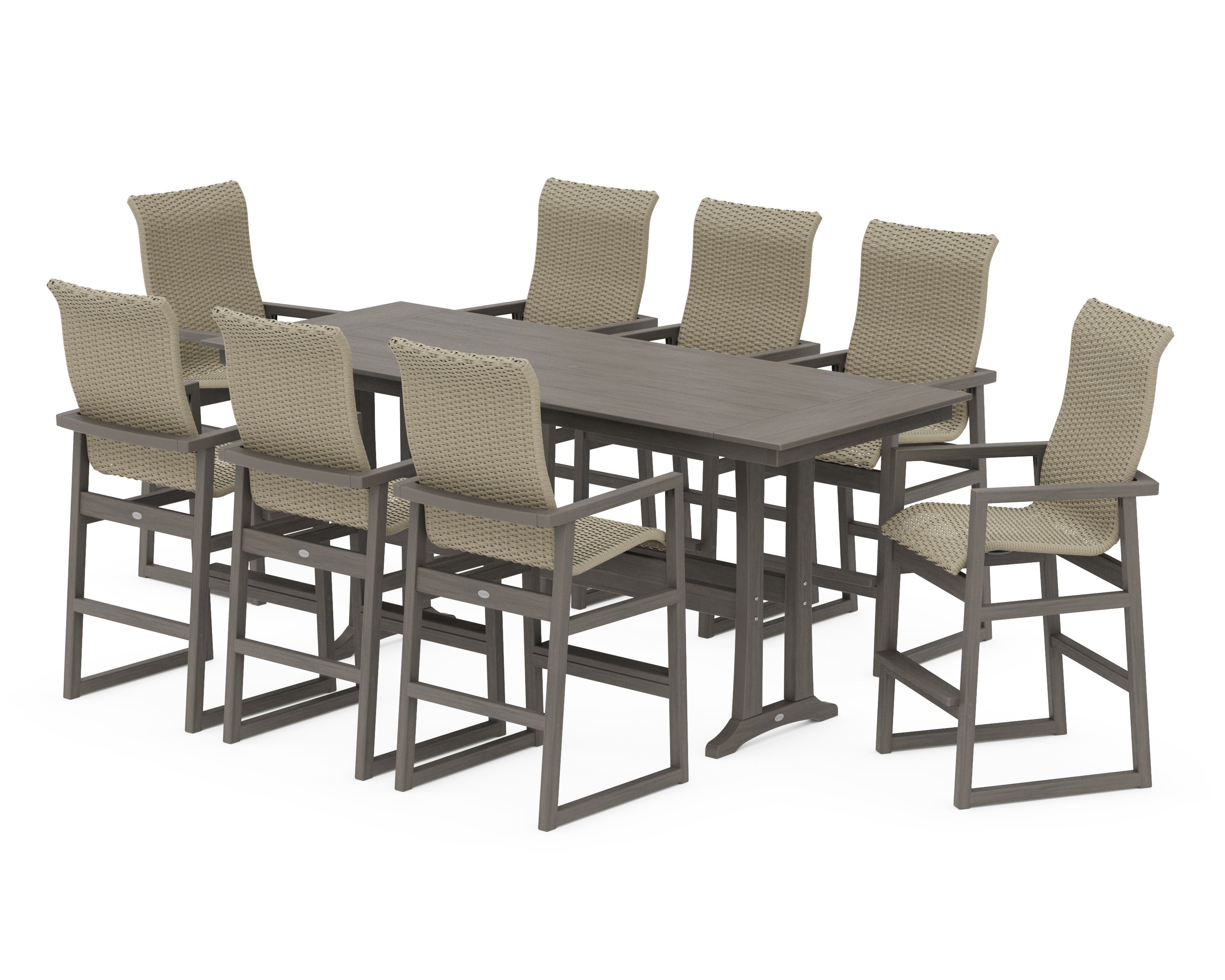 EDGE Woven Highback 9-Piece Farmhouse Bar Set with Trestle Legs in Driftwood / Dune Grass