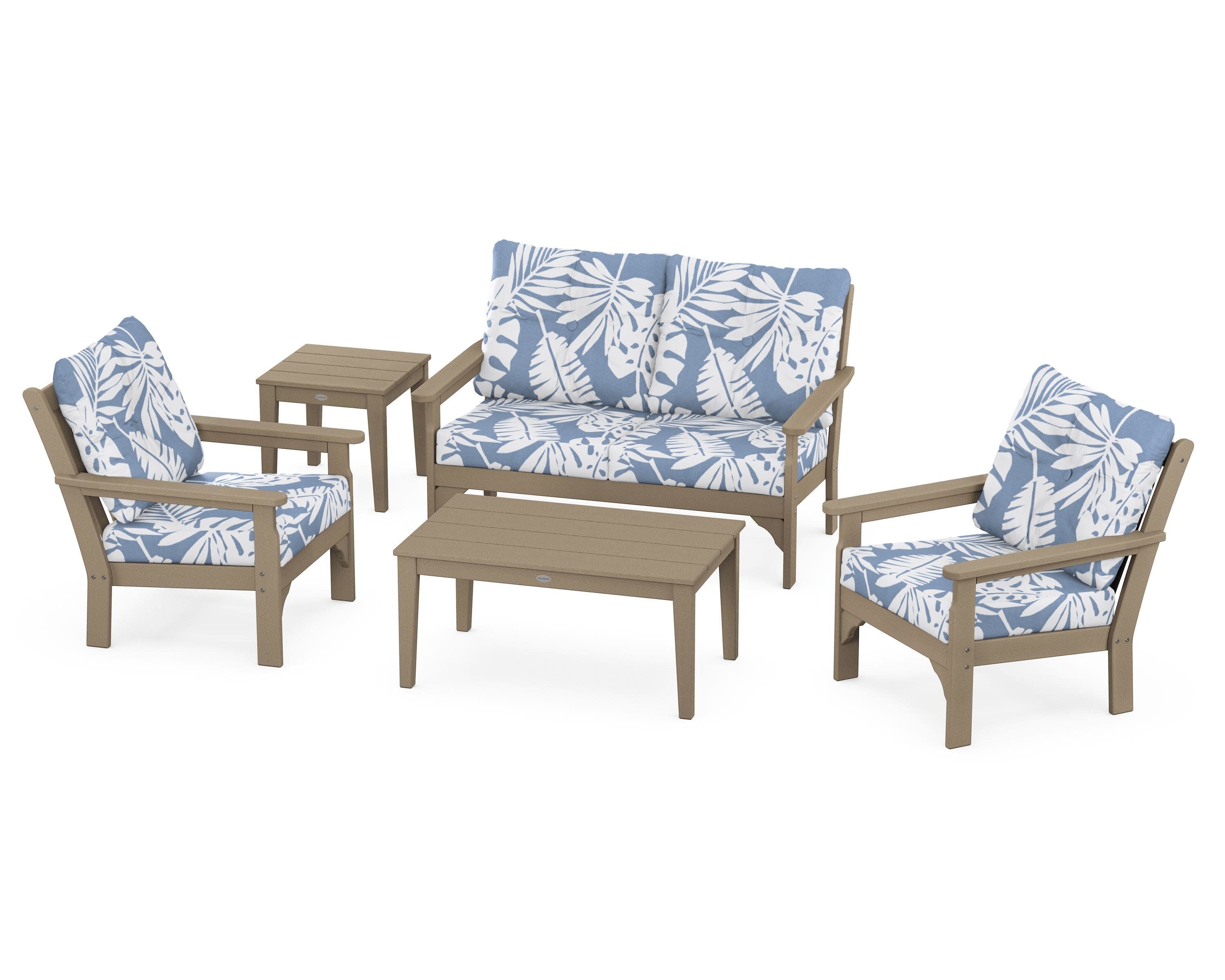 Vineyard 5-Piece Deep Seating Set in Vintage Sahara / Leaf Sky Blue