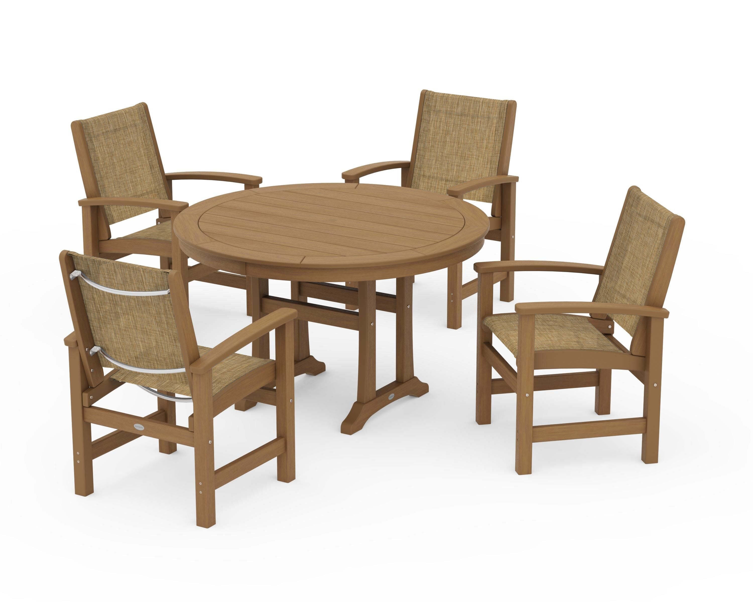 Coastal 5-Piece Round Dining Set with Trestle Legs in Natural / Burlap Sling