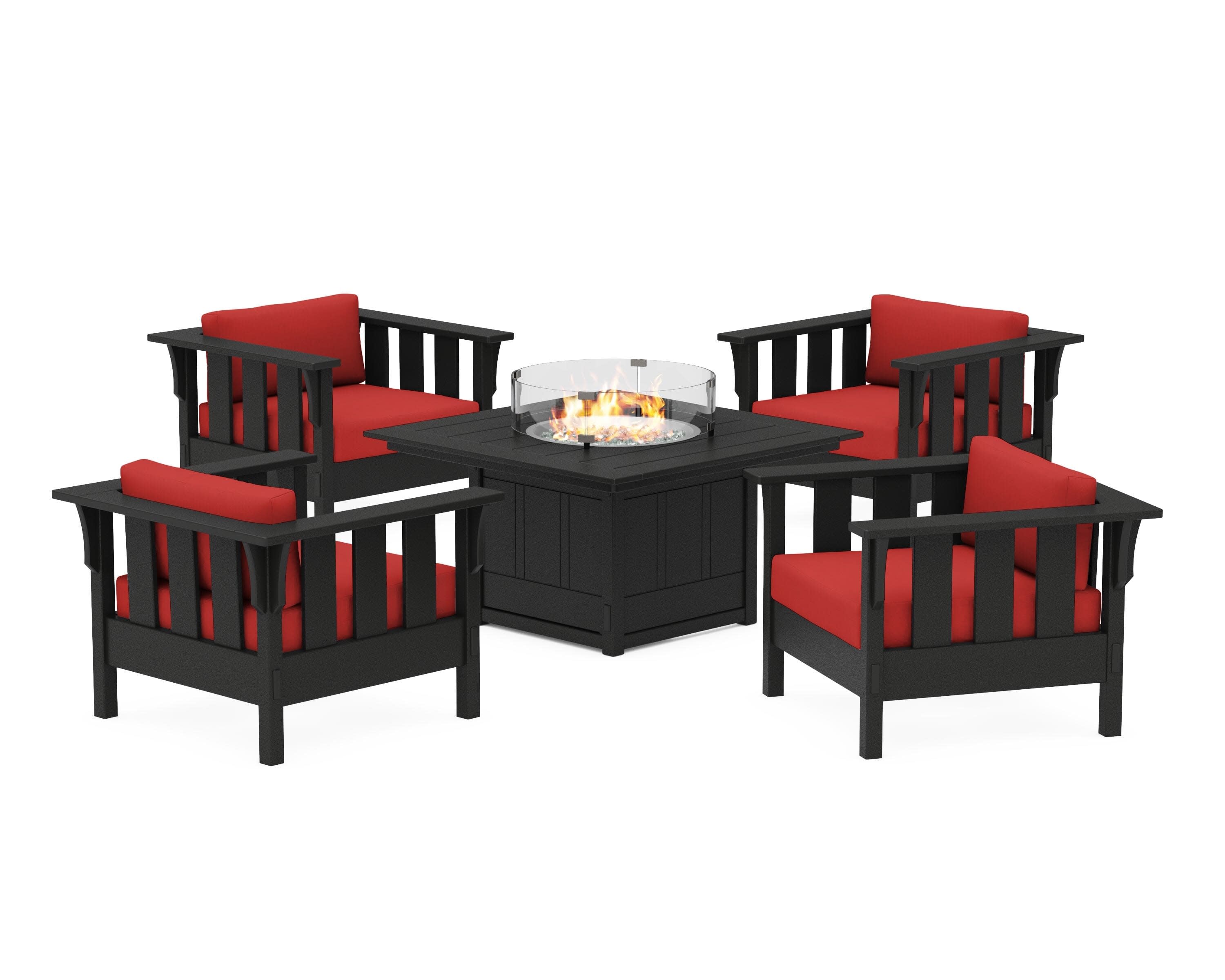 Acadia 5-Piece Deep Seating Set with Fire Pit Table in Black / Crimson Linen