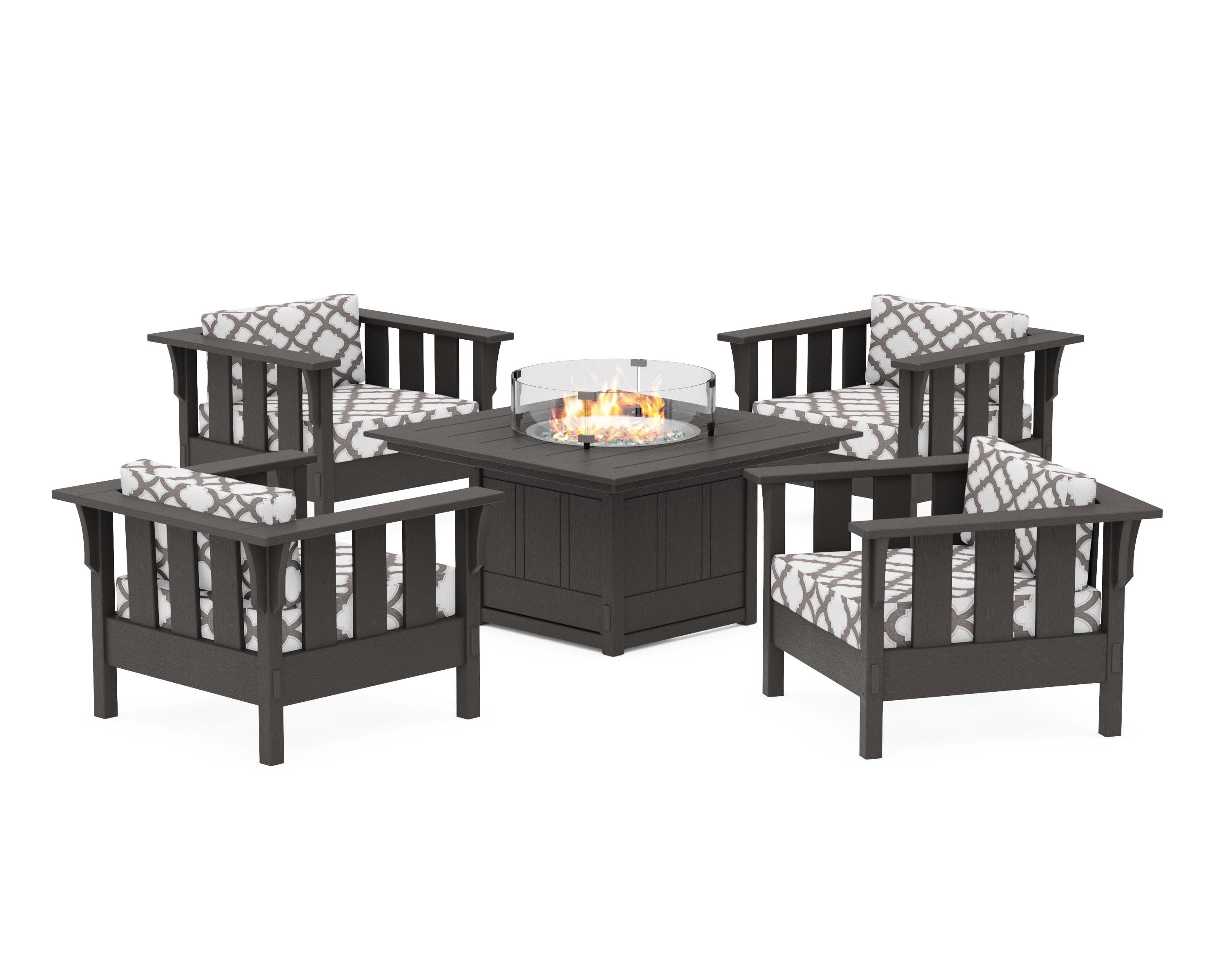 Acadia 5-Piece Deep Seating Set with Fire Pit Table in Vintage Coffee / Trellis Grey Mist