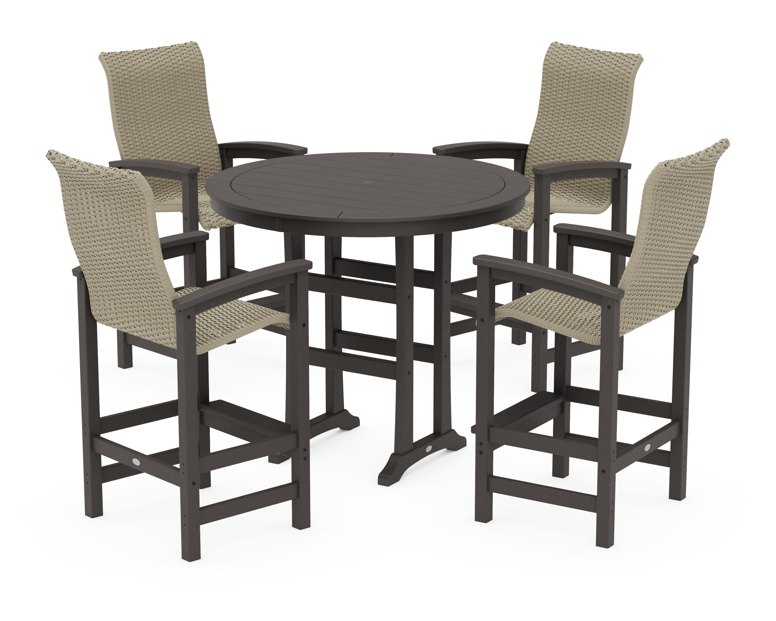Coastal Woven High-Back 5-Piece Round Bar Set in Vintage Coffee / Dune Grass