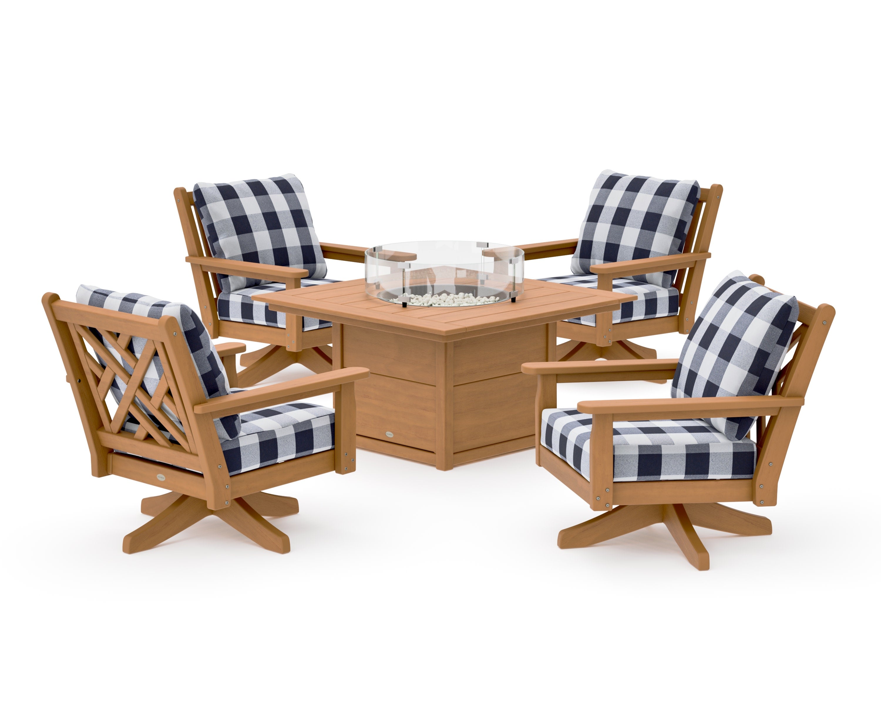 Chippendale 5-Piece Deep Seating Swivel Conversation Set with Fire Pit Table in Natural / Buffalo Plaid Navy