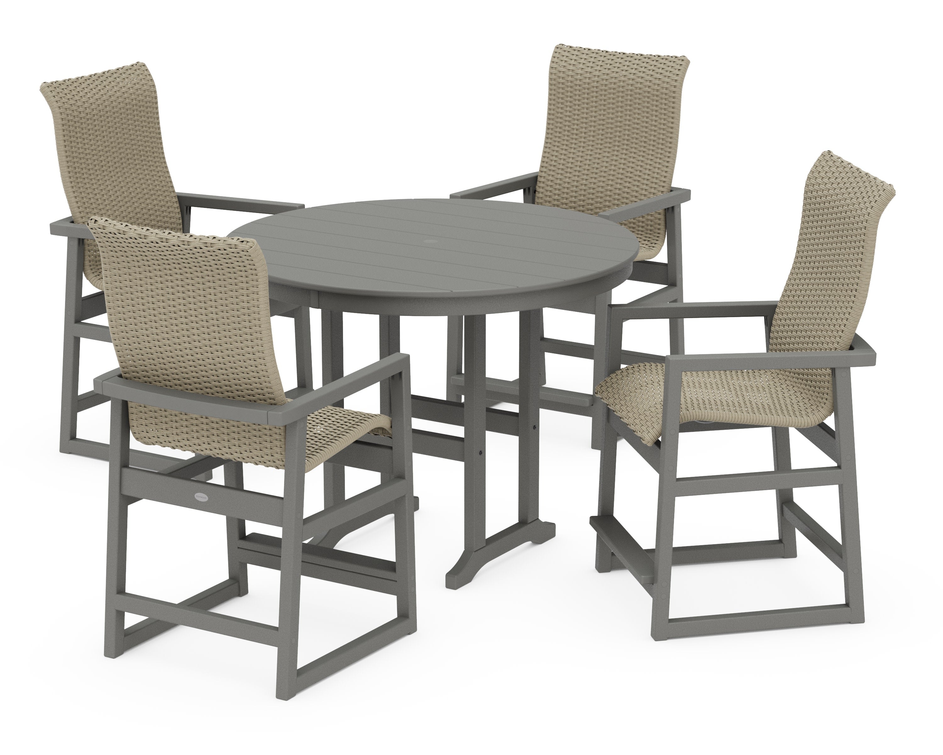 EDGE Woven Highback 5-Piece Round Farmhouse Counter Set in Slate Grey / Dune Grass
