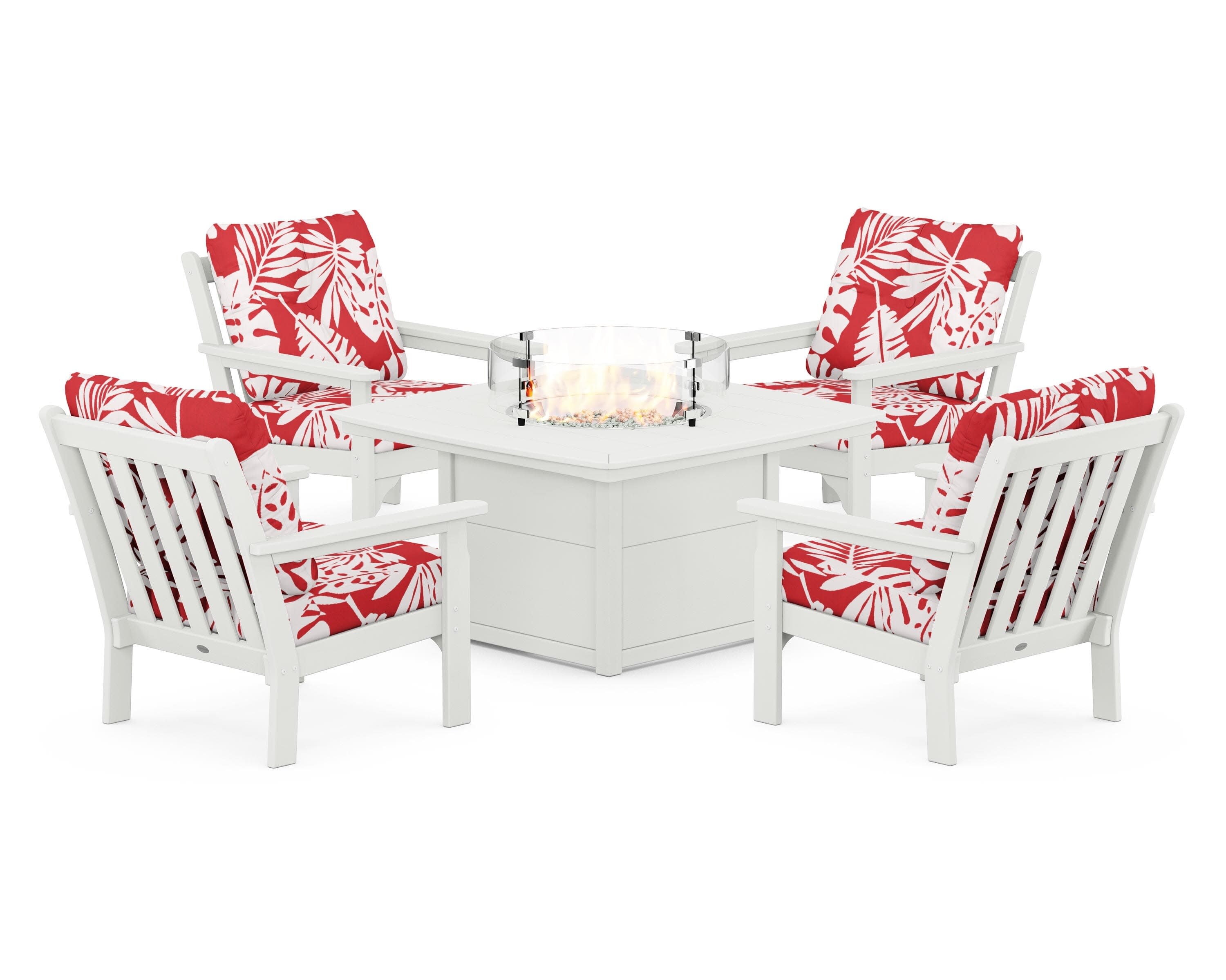 Vineyard 5-Piece Conversation Set with Fire Pit Table in Vintage White / Leaf Crimson