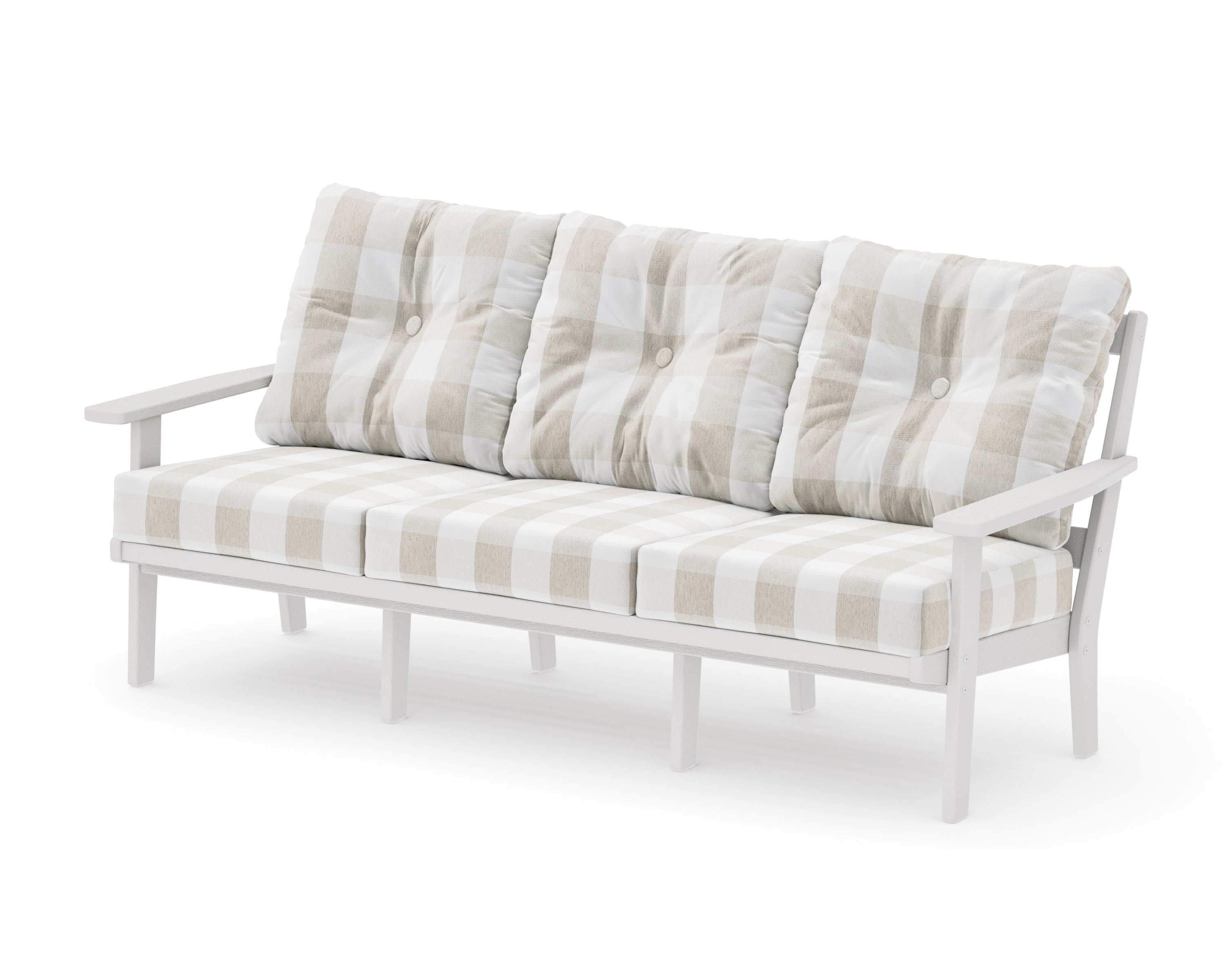 PrairieDeep Seating Sofa in Vintage White / Buffalo Plaid Dune Burlap