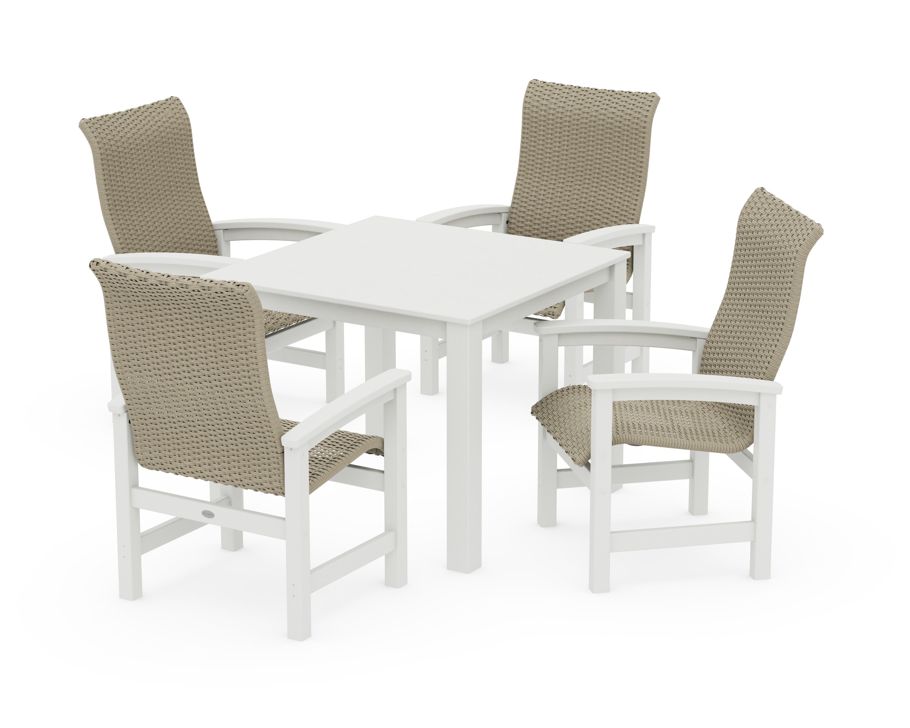 Coastal Woven High-Back 5-Piece Parsons Dining Set in Vintage White / Dune Grass