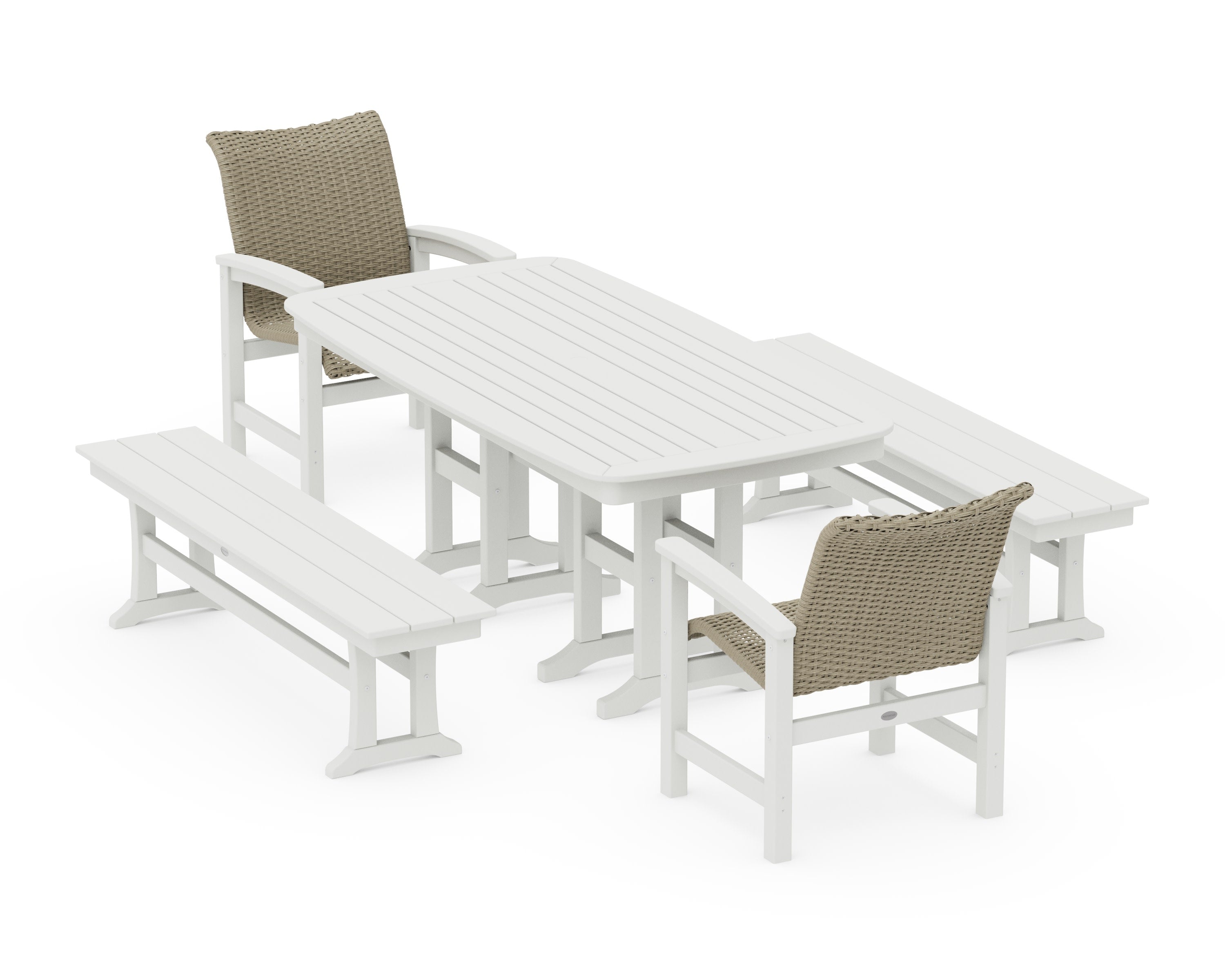Coastal Woven 5-Piece Dining Set with Benches in White / Dune Grass