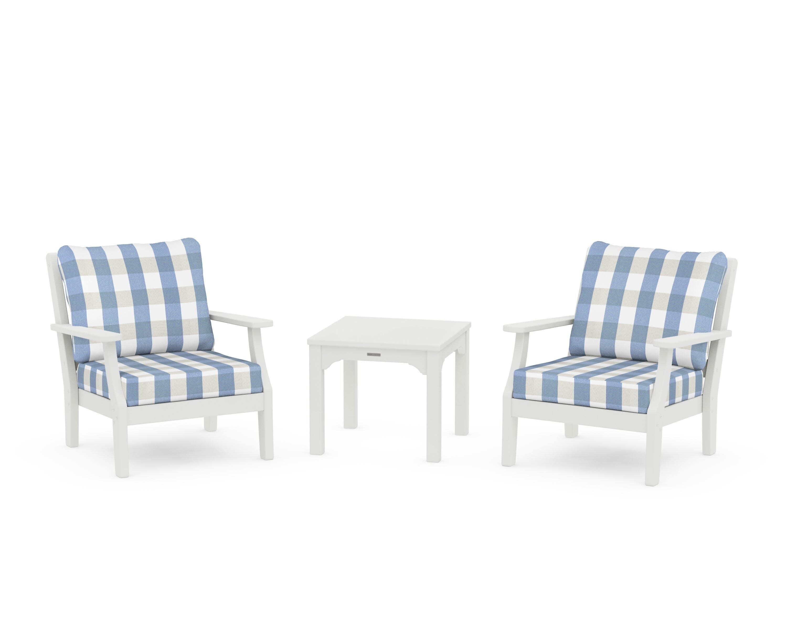 Chinoiserie 3-Piece Deep Seating Set in Vintage White / Buffalo Plaid Sky Blue