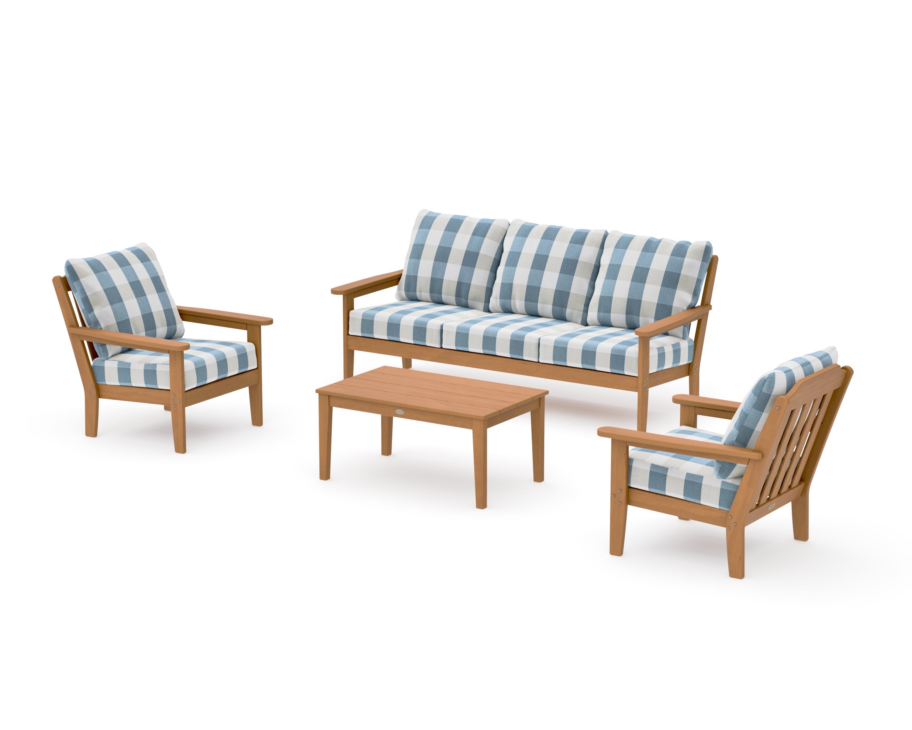 Cottage 4-Piece Deep Seating Set with Sofa in Natural / Buffalo Plaid Sky Blue