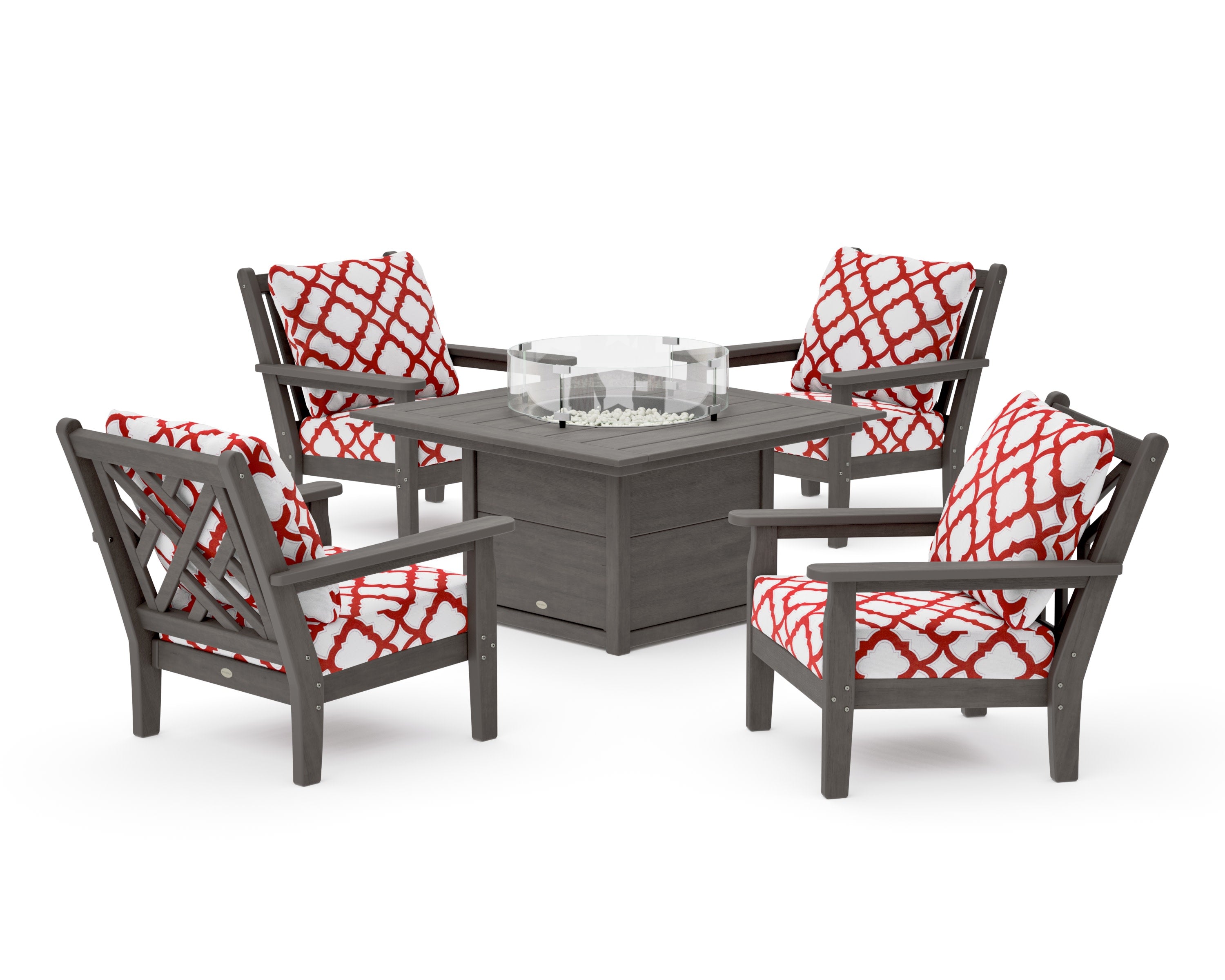 Chippendale 5-Piece Deep Seating Set with Fire Pit Table in Driftwood / Trellis Crimson