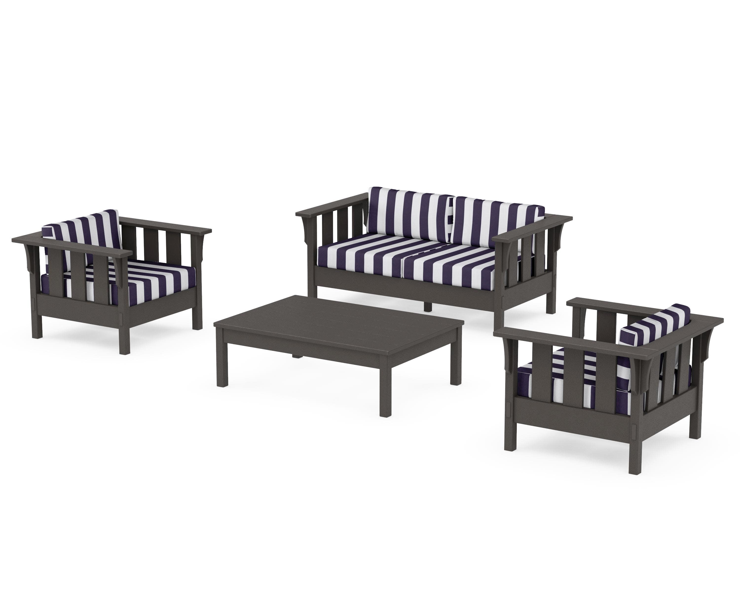 Acadia 4-Piece Deep Seating Set with Loveseat in Vintage Coffee / Cabana Stripe Navy