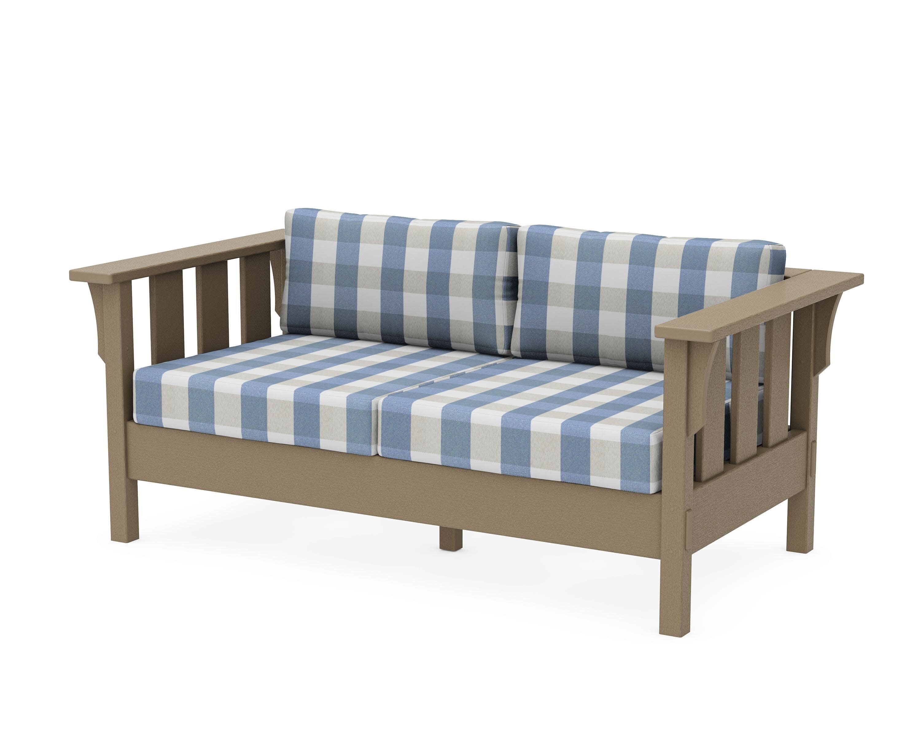 Acadia Deep Seating Loveseat in Vintage Sahara / Buffalo Plaid Sky Blue