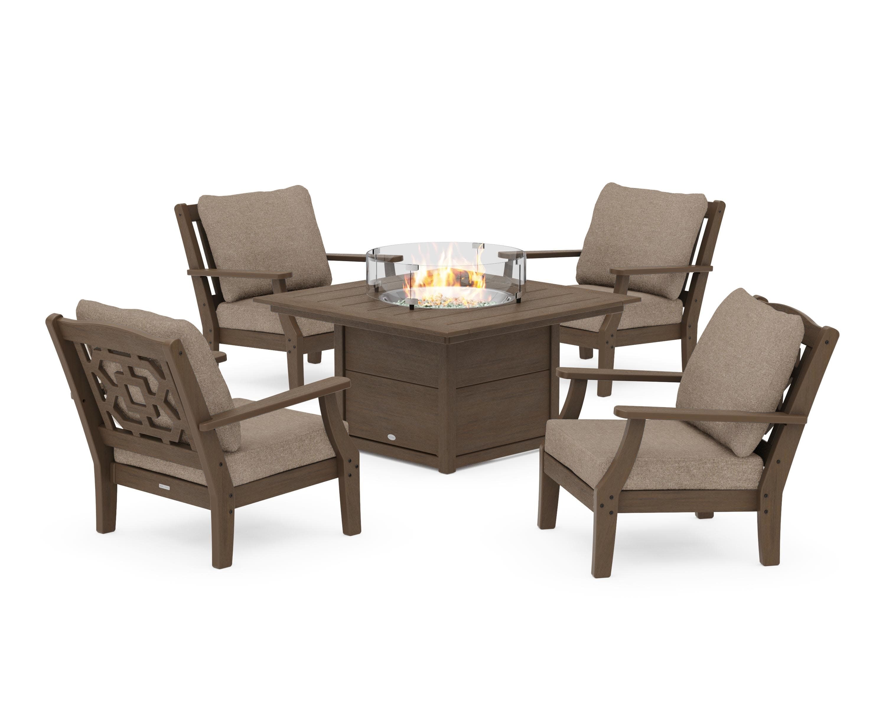 Chinoiserie 5-Piece Deep Seating Set with Fire Pit Table in Kona / Spiced Burlap
