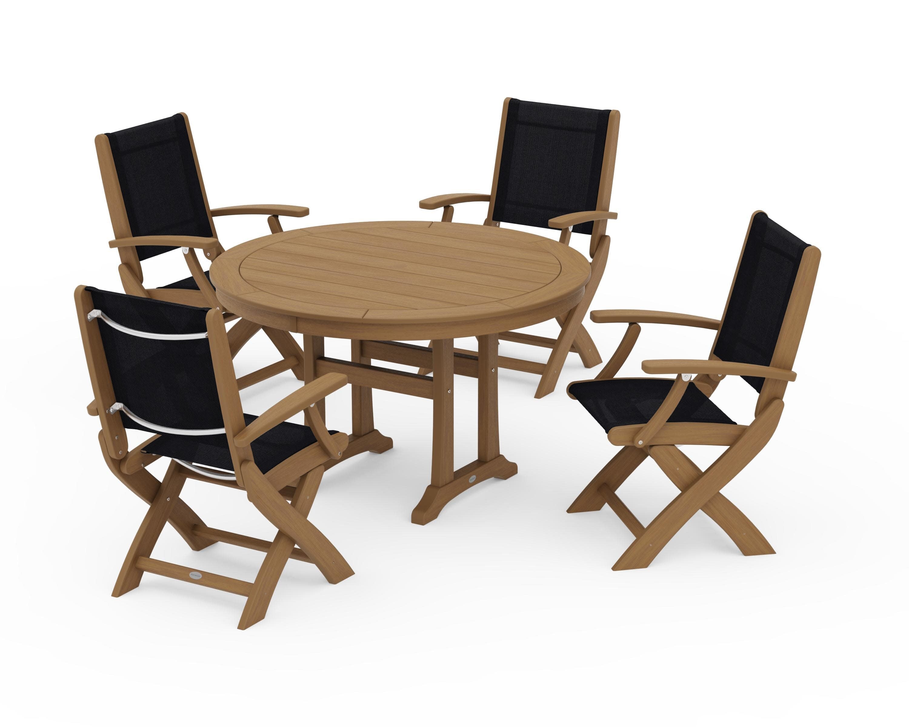 Coastal Folding Chair 5-Piece Round Dining Set with Trestle Legs in Natural / Black Sling