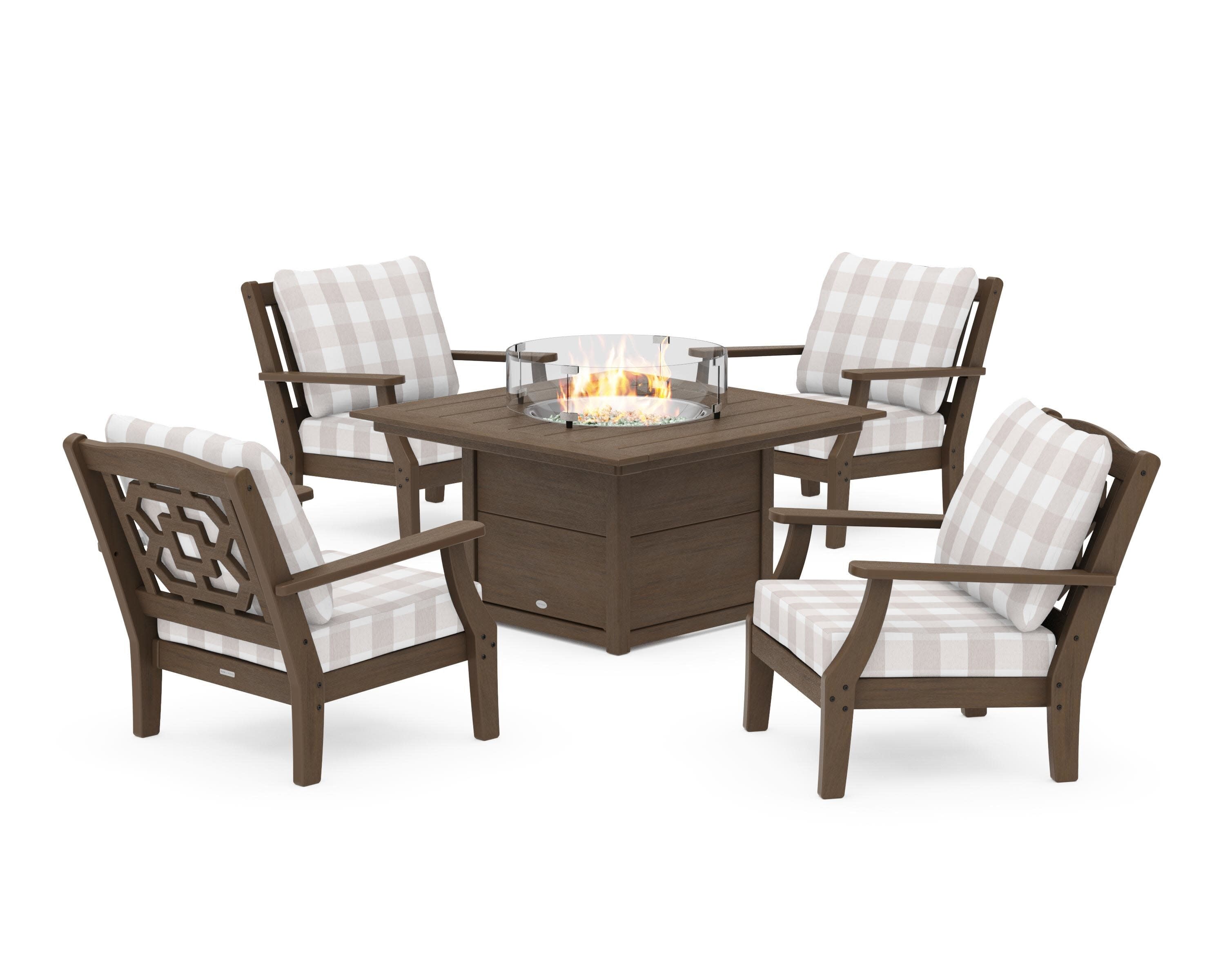 Chinoiserie 5-Piece Deep Seating Set with Fire Pit Table in Kona / Buffalo Plaid Dune Burlap