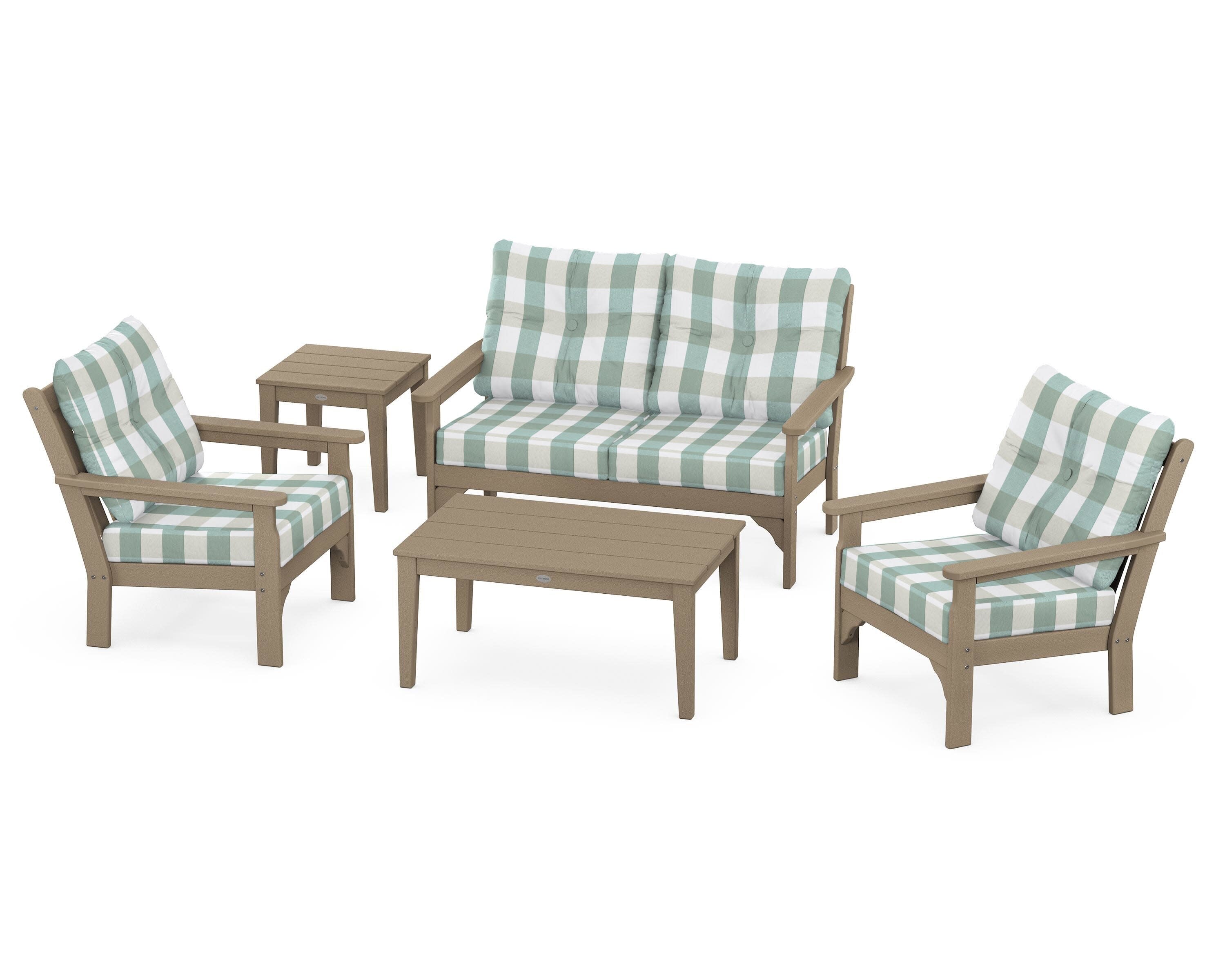 Vineyard 5-Piece Deep Seating Set in Vintage Sahara / Buffalo Plaid Glacier Spa