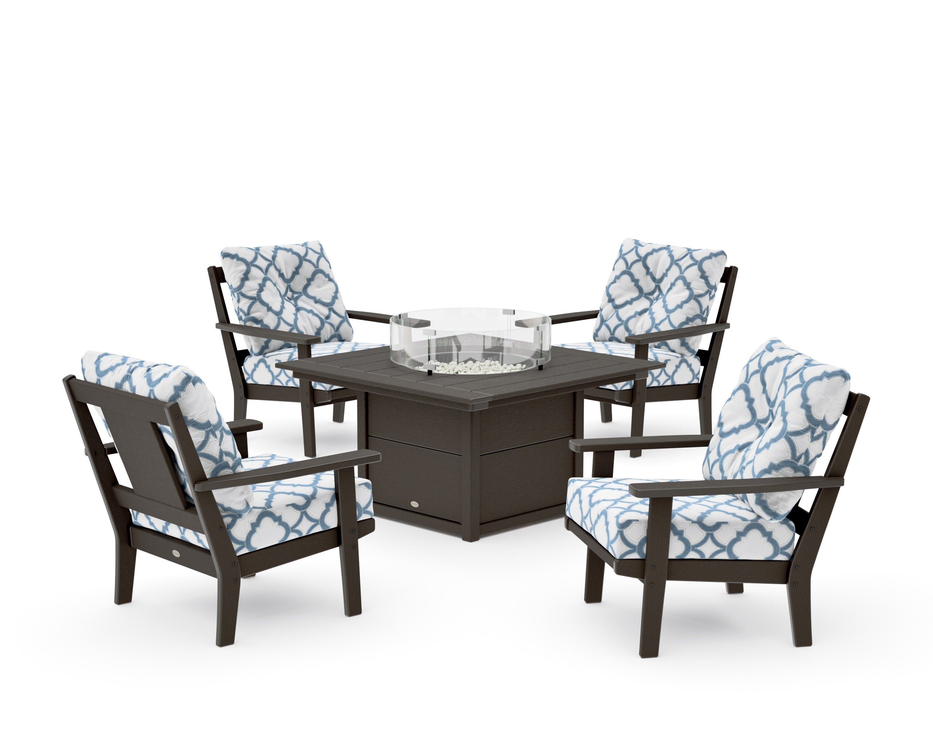 Prairie 5-Piece Deep Seating Set with Fire Pit Table in Vintage Coffee / Trellis Sky Blue
