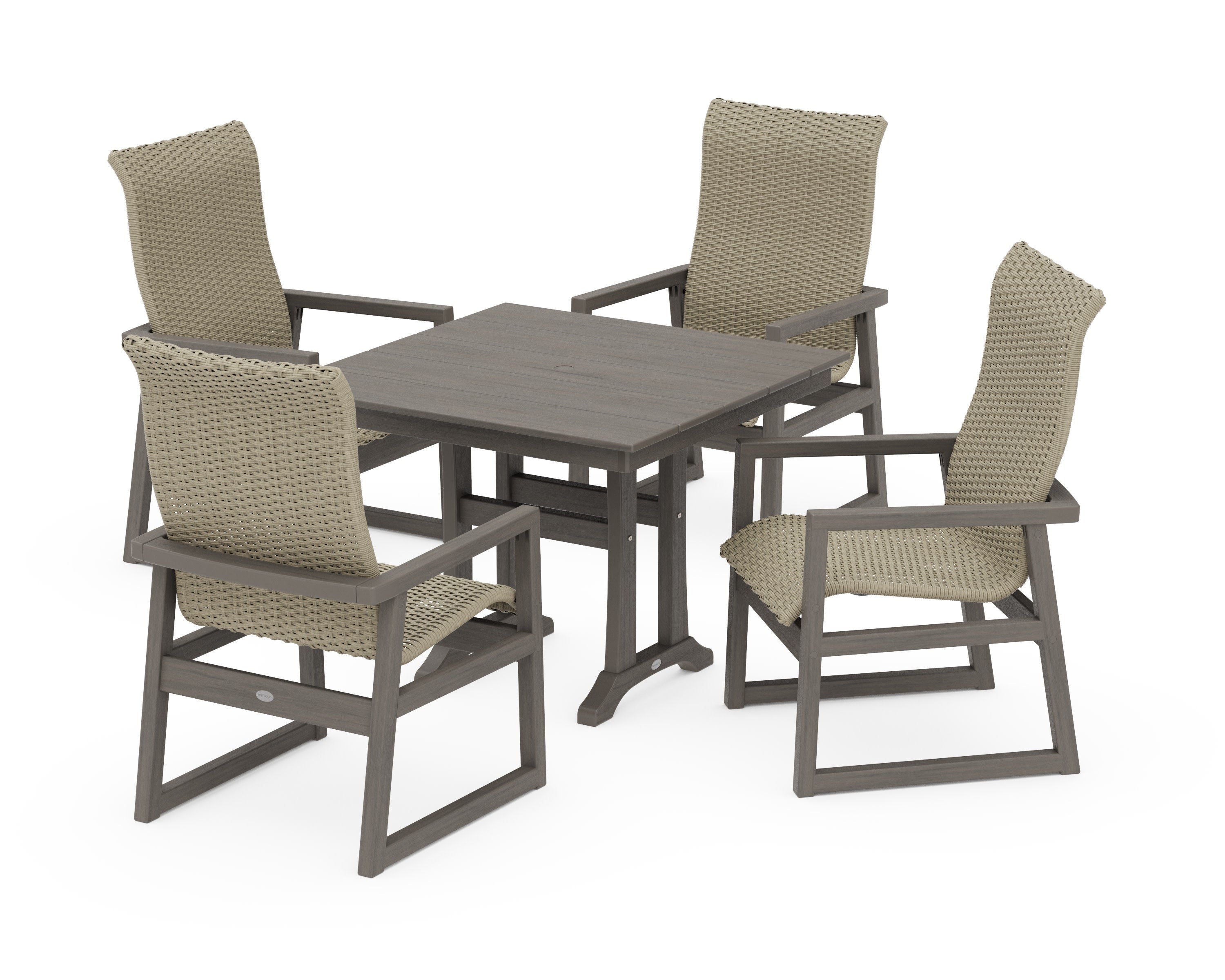 EDGE Woven Highback 5-Piece Farmhouse Dining Set with Trestle Legs in Driftwood / Dune Grass