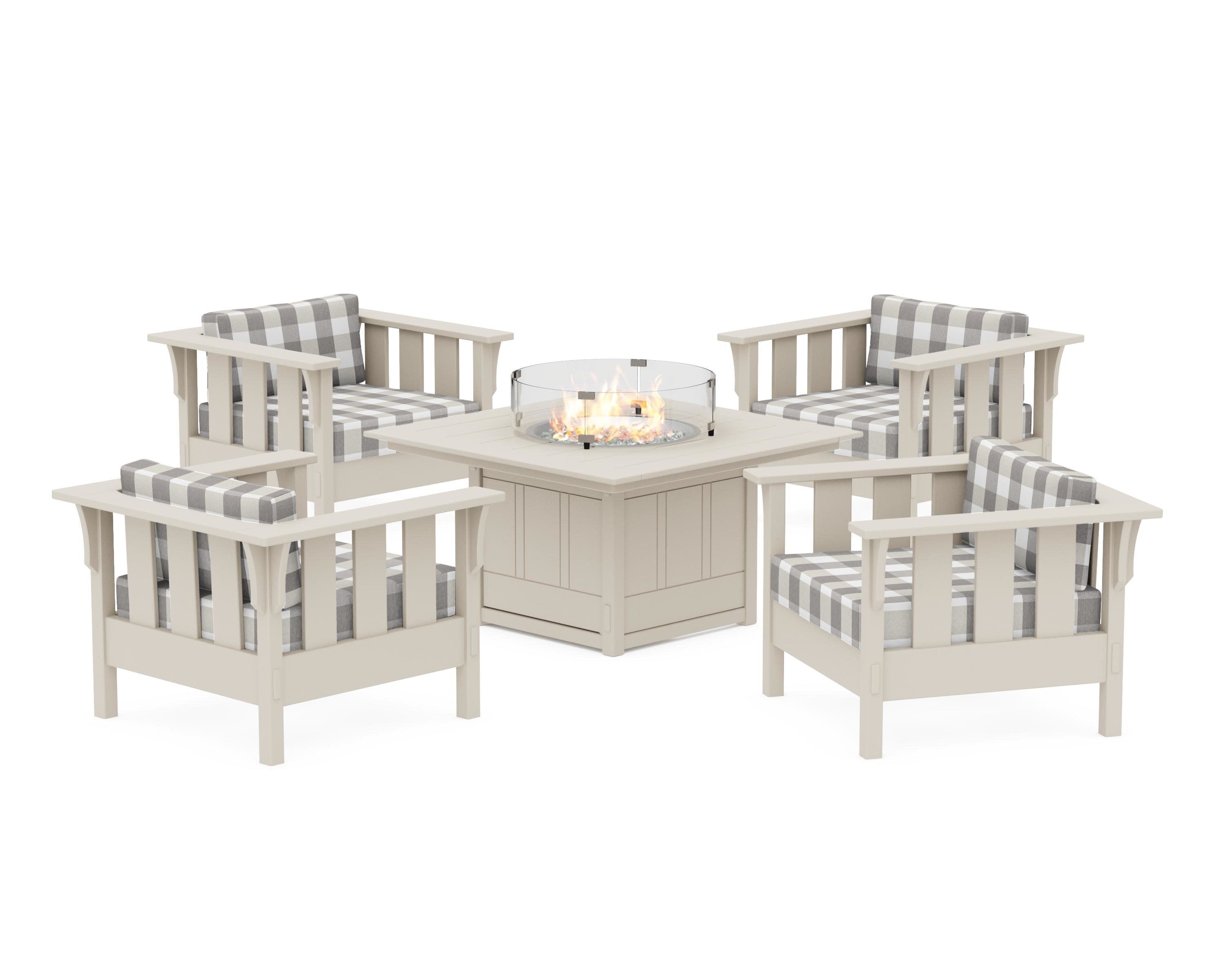 Acadia 5-Piece Deep Seating Set with Fire Pit Table in Sand / Buffalo Plaid Grey Mist