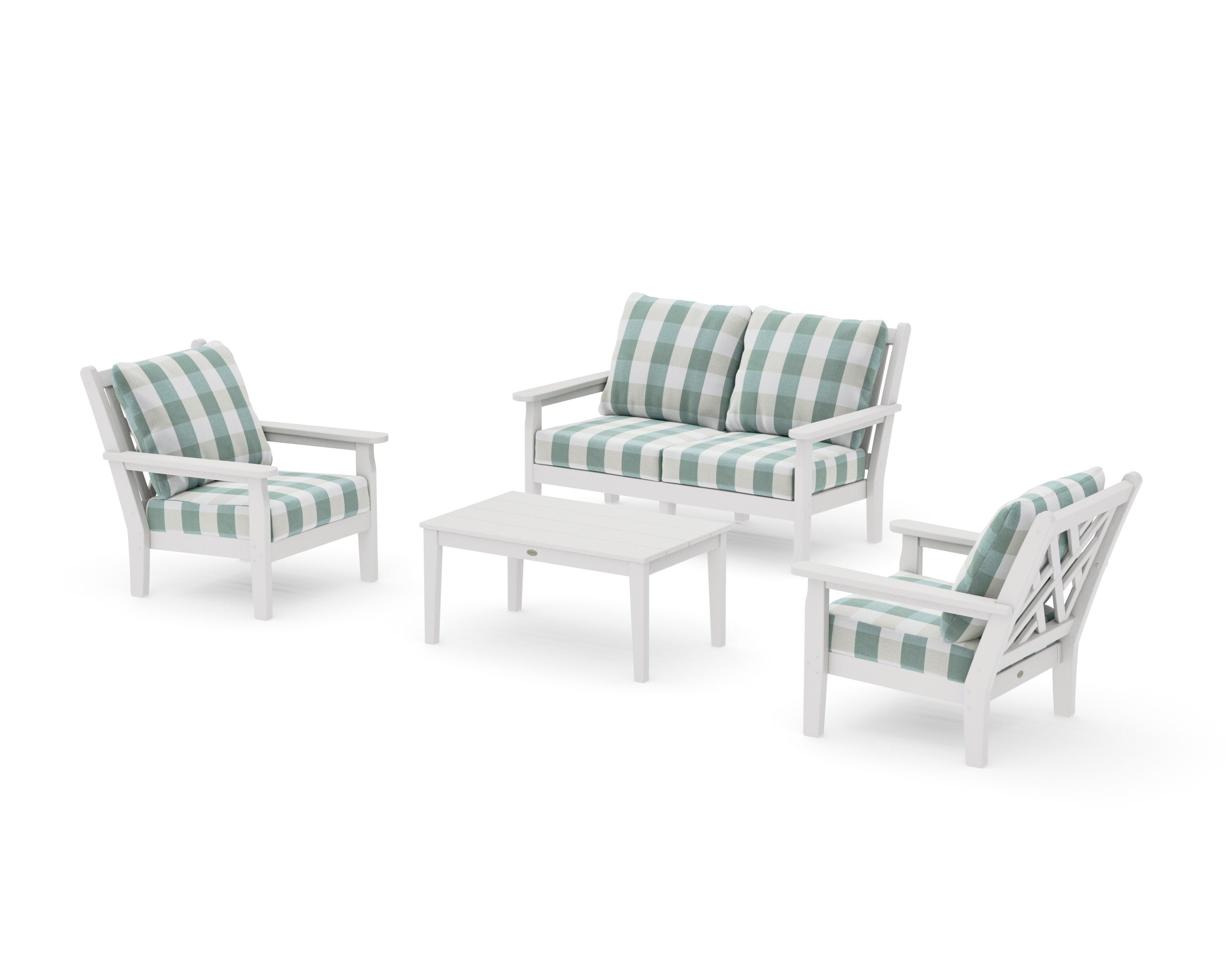 Chippendale 4-Piece Deep Seating Set with Loveseat in Vintage White / Buffalo Plaid Glacier Spa