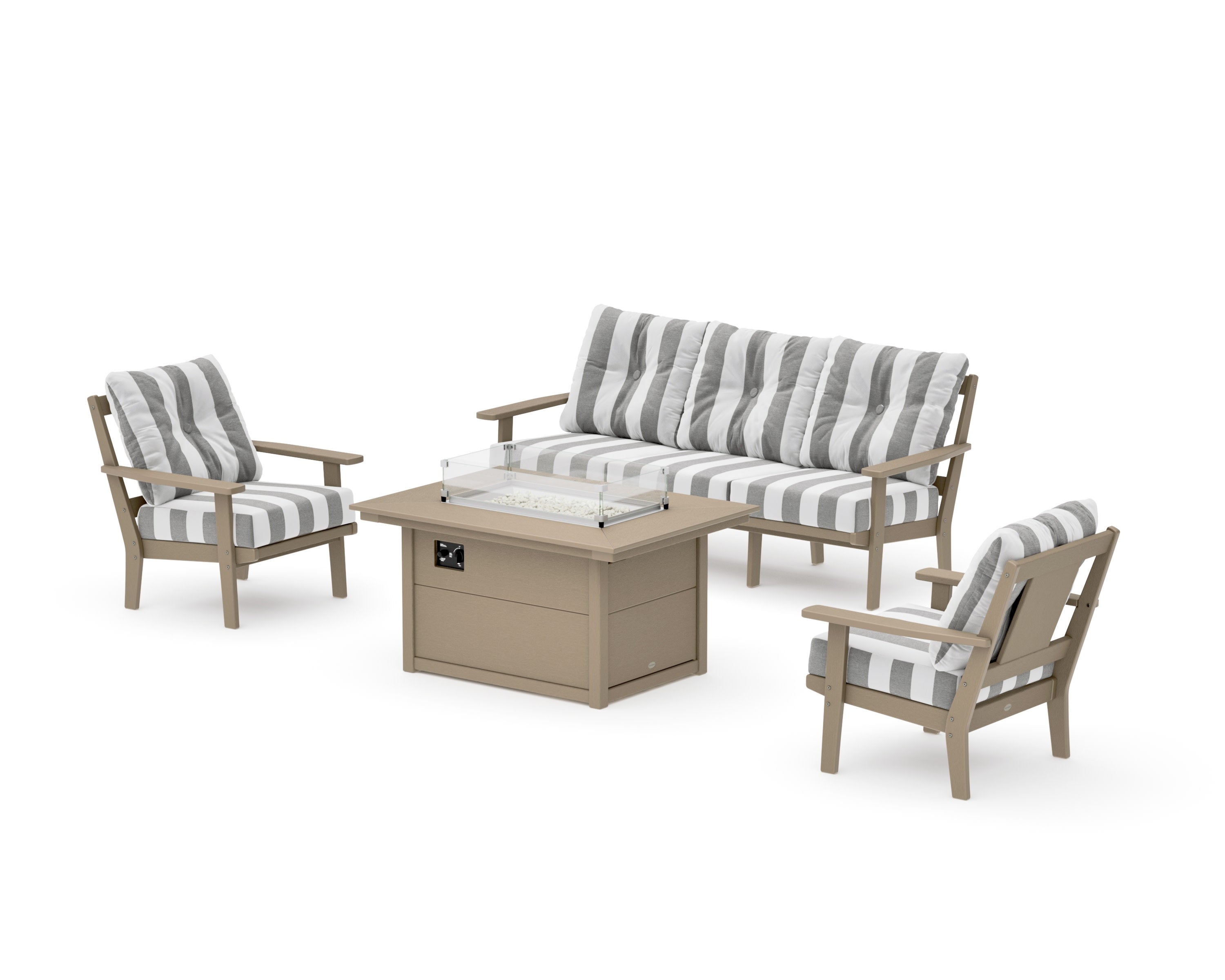 Prairie Deep Seating Fire Pit Table Set in Vintage Sahara / Cabana Stripe Grey Mist