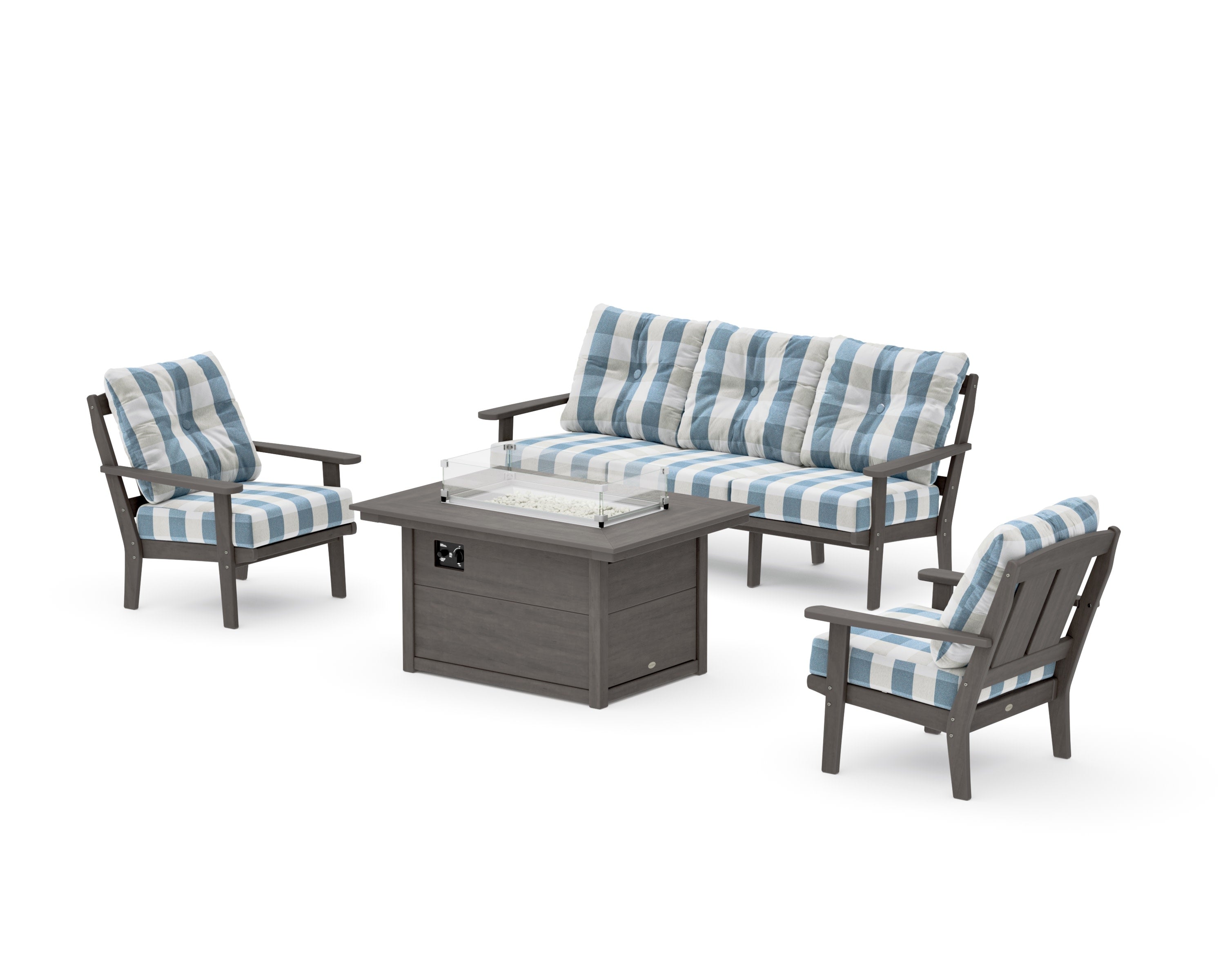 Mission Deep Seating Fire Pit Table Set in Driftwood / Buffalo Plaid Sky Blue